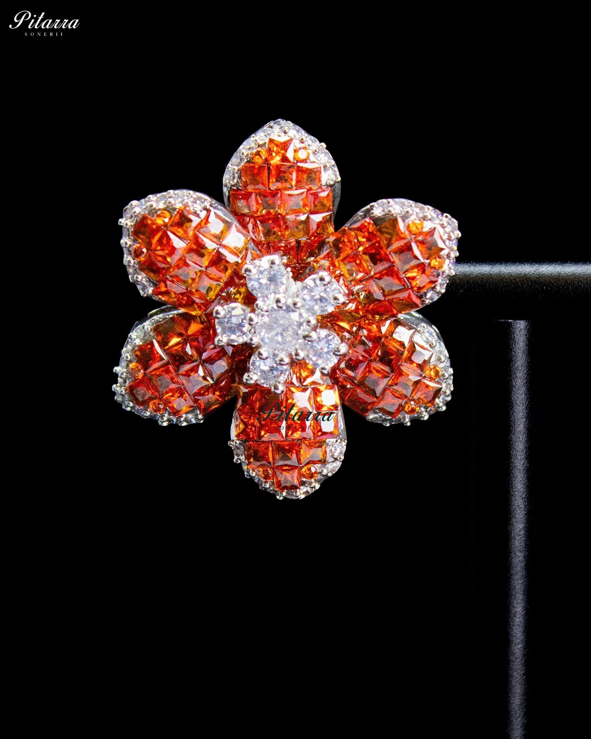 Orange Amber Crystal Flower Stud Earrings