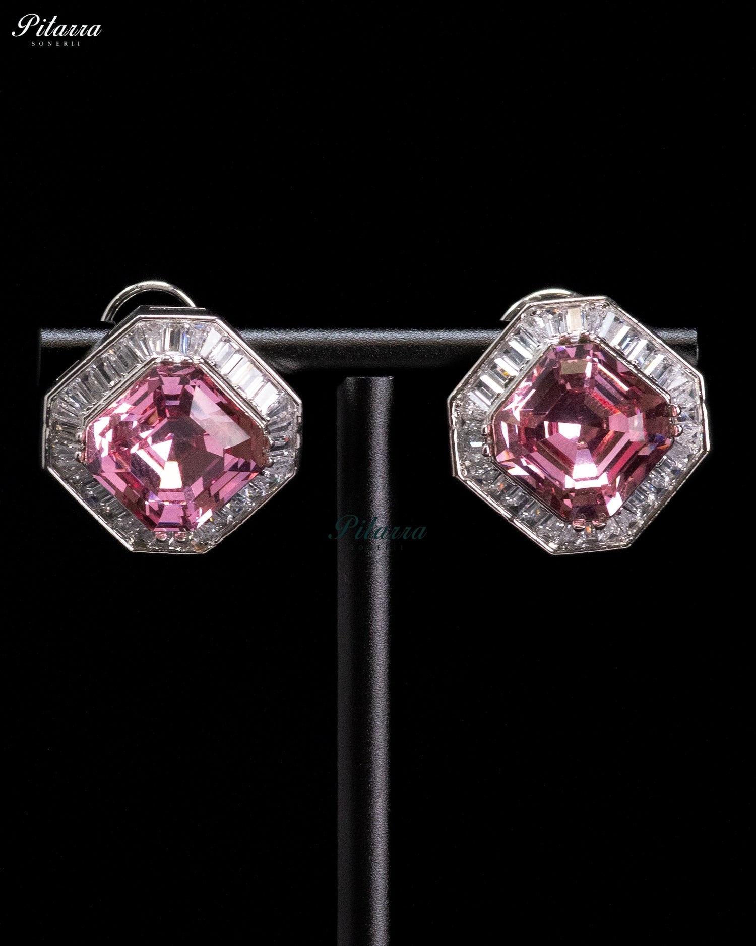 Pink Octagonal Crystal Halo Crystal Earrings