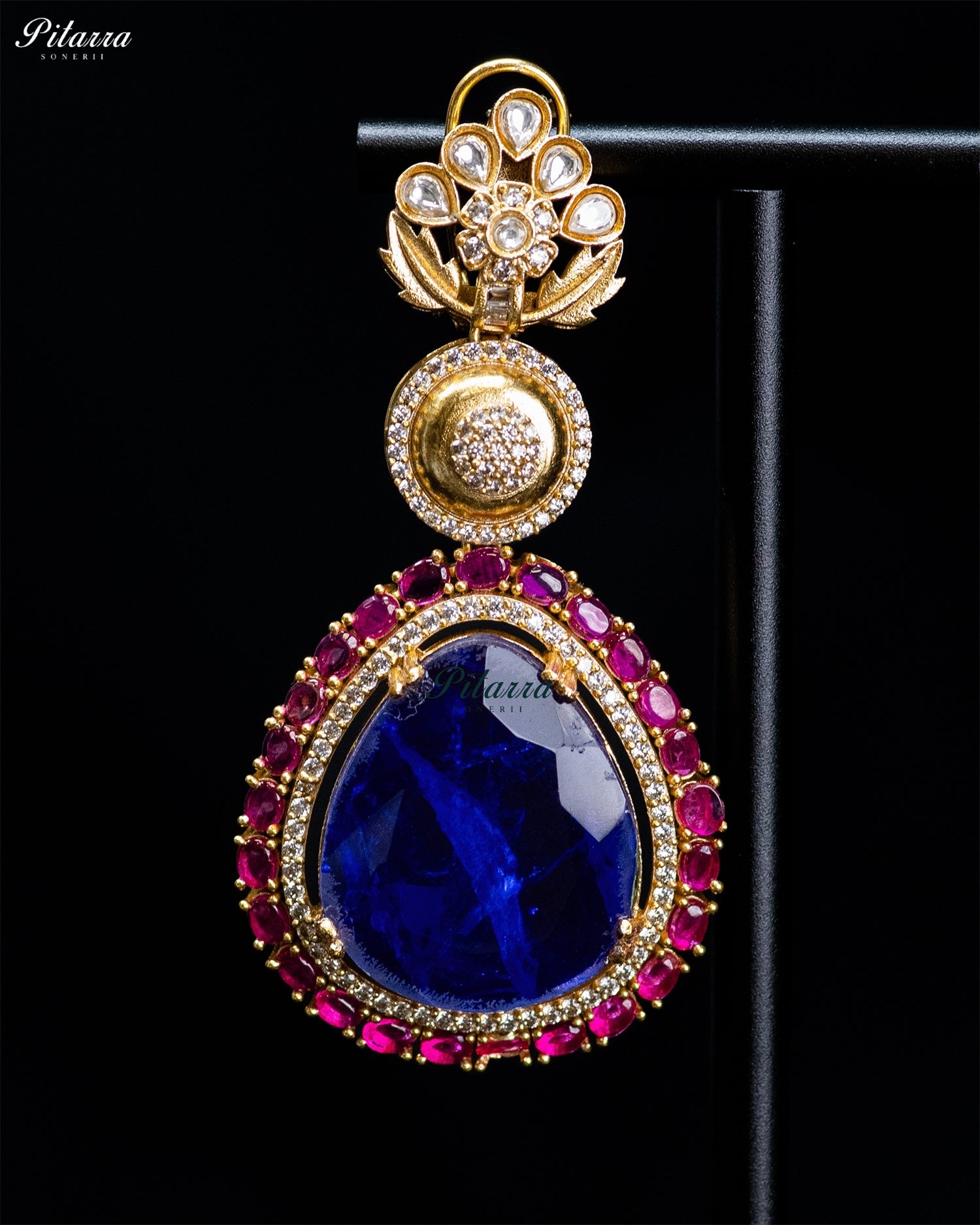Blue Teardrop Kundan Floral Necklace Set