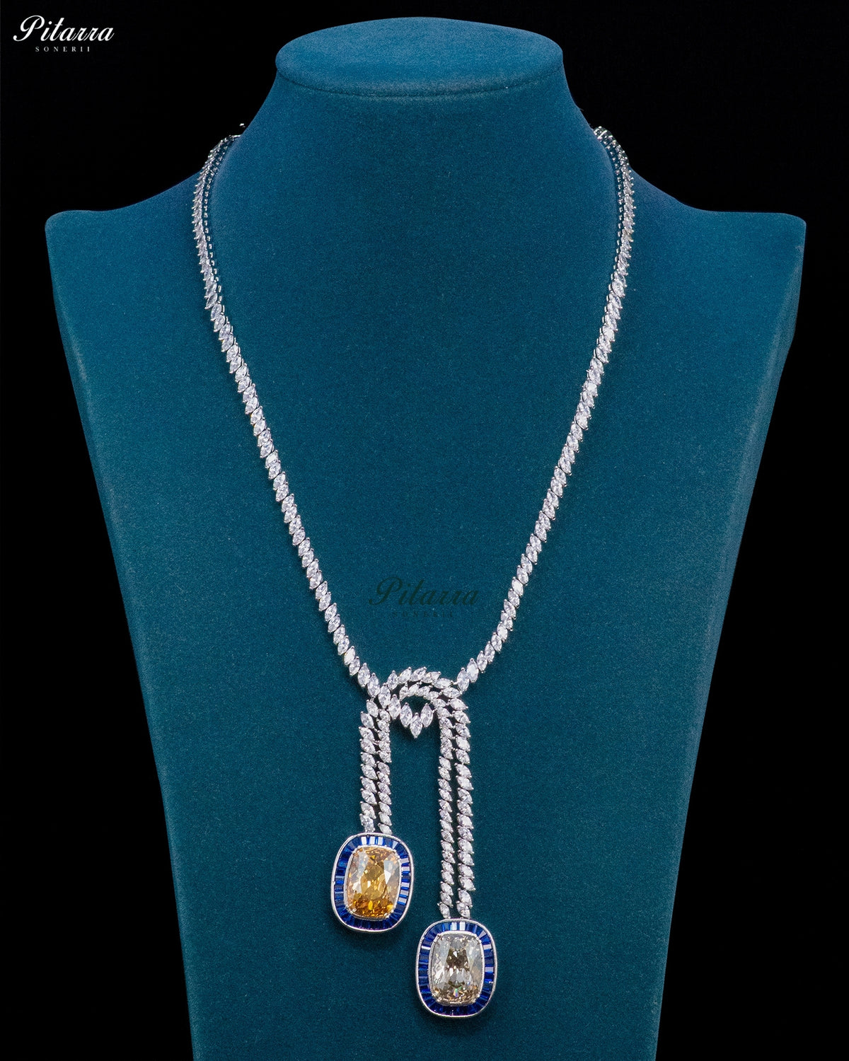 Champagne Stone Blue Baguette Zircon Silver Crystal Lariat Necklace Set