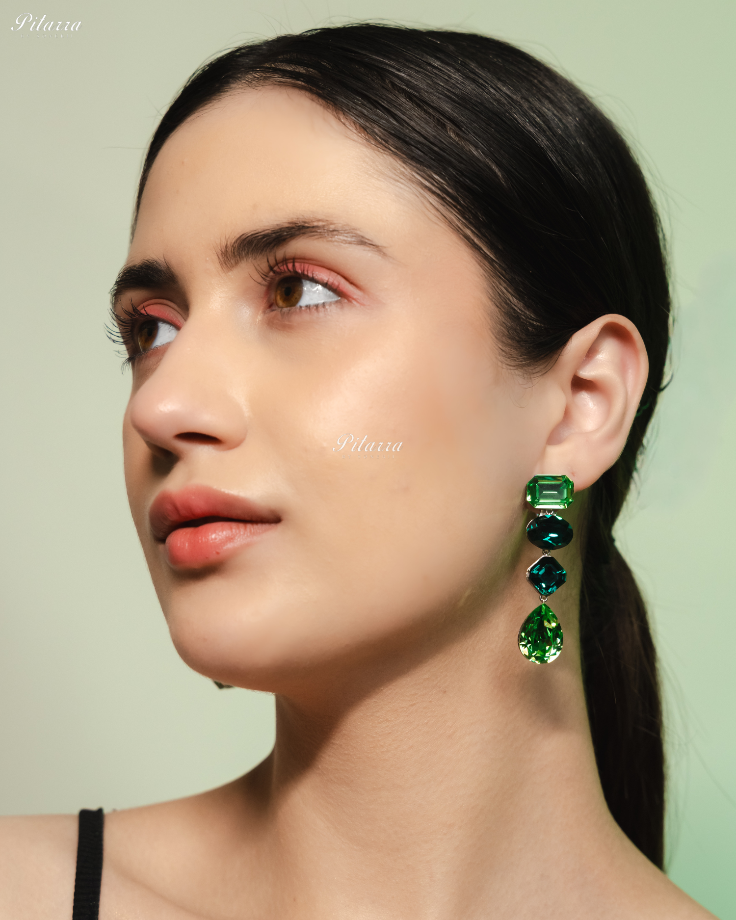 Green Emerald Stone Studded Geometric Crystal Drop Earrings