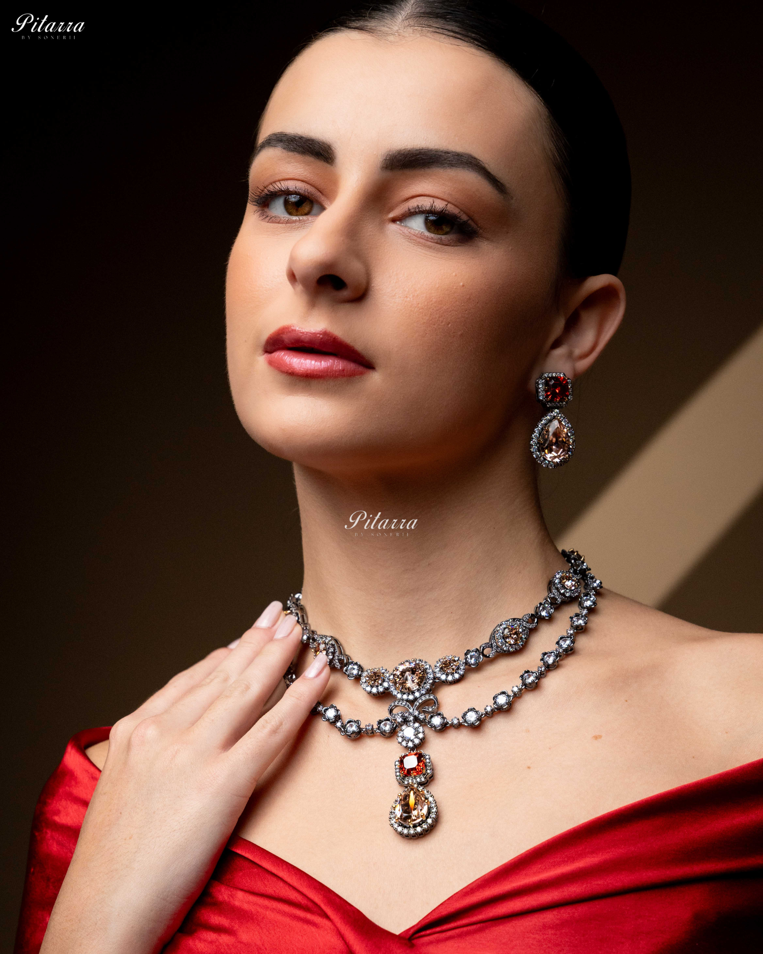 Multicolor Two Layer Silver CZ Victorian black polish Necklace Set