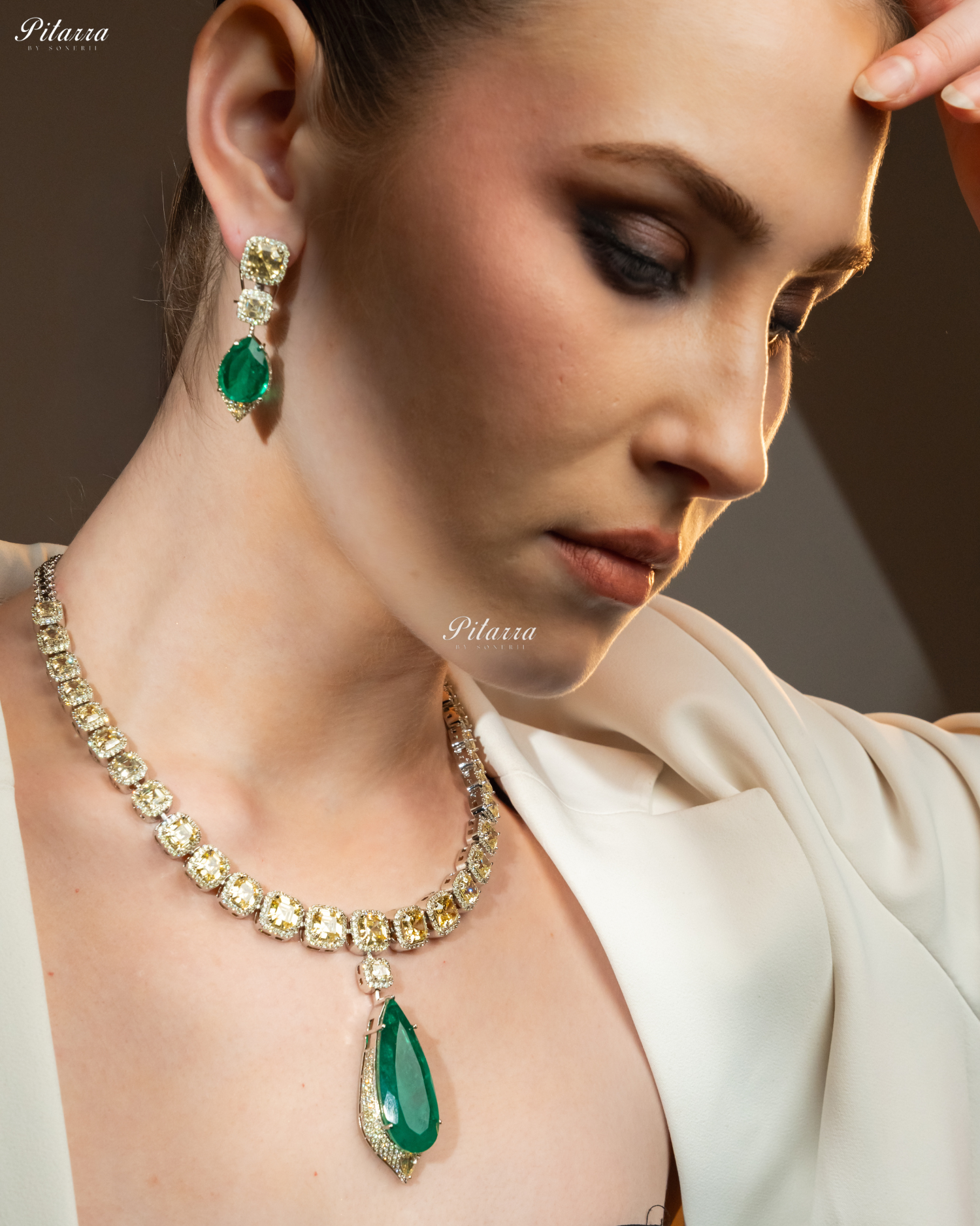Emerald Crystals Cut Silver Plated Zircon Necklace Set