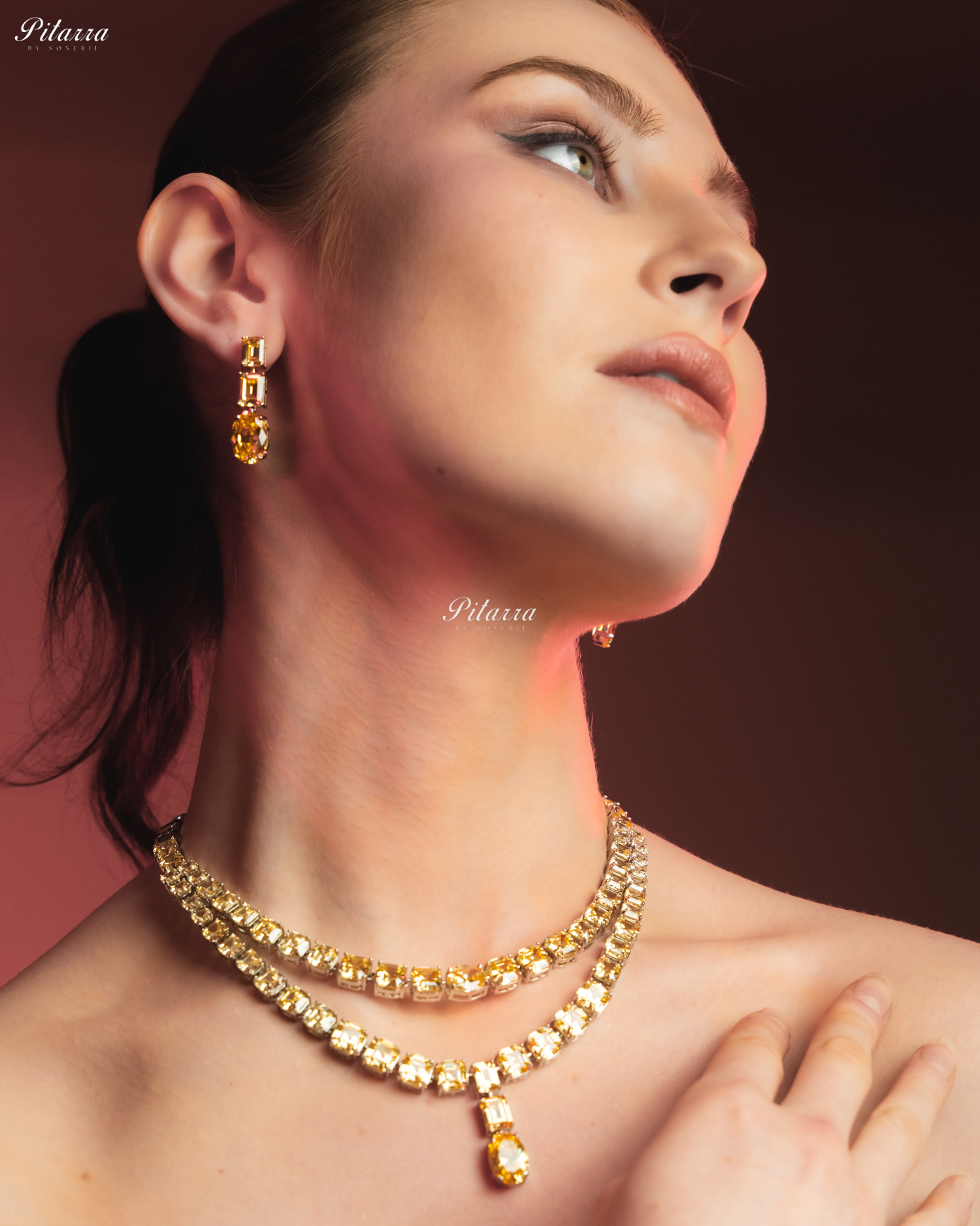 Yellow Two Layer Square Drop Statement Necklace Set