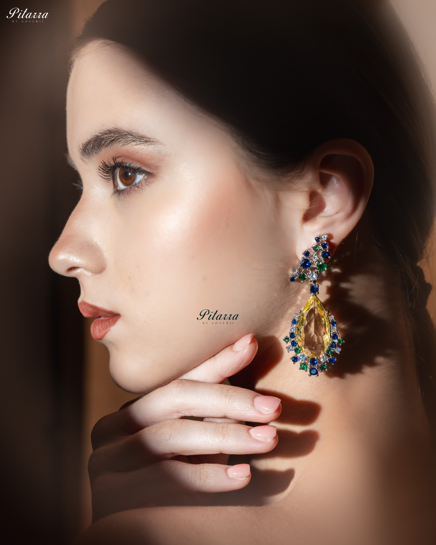 Yellow Stone Sparkling Sliver Line Crystal Earrings