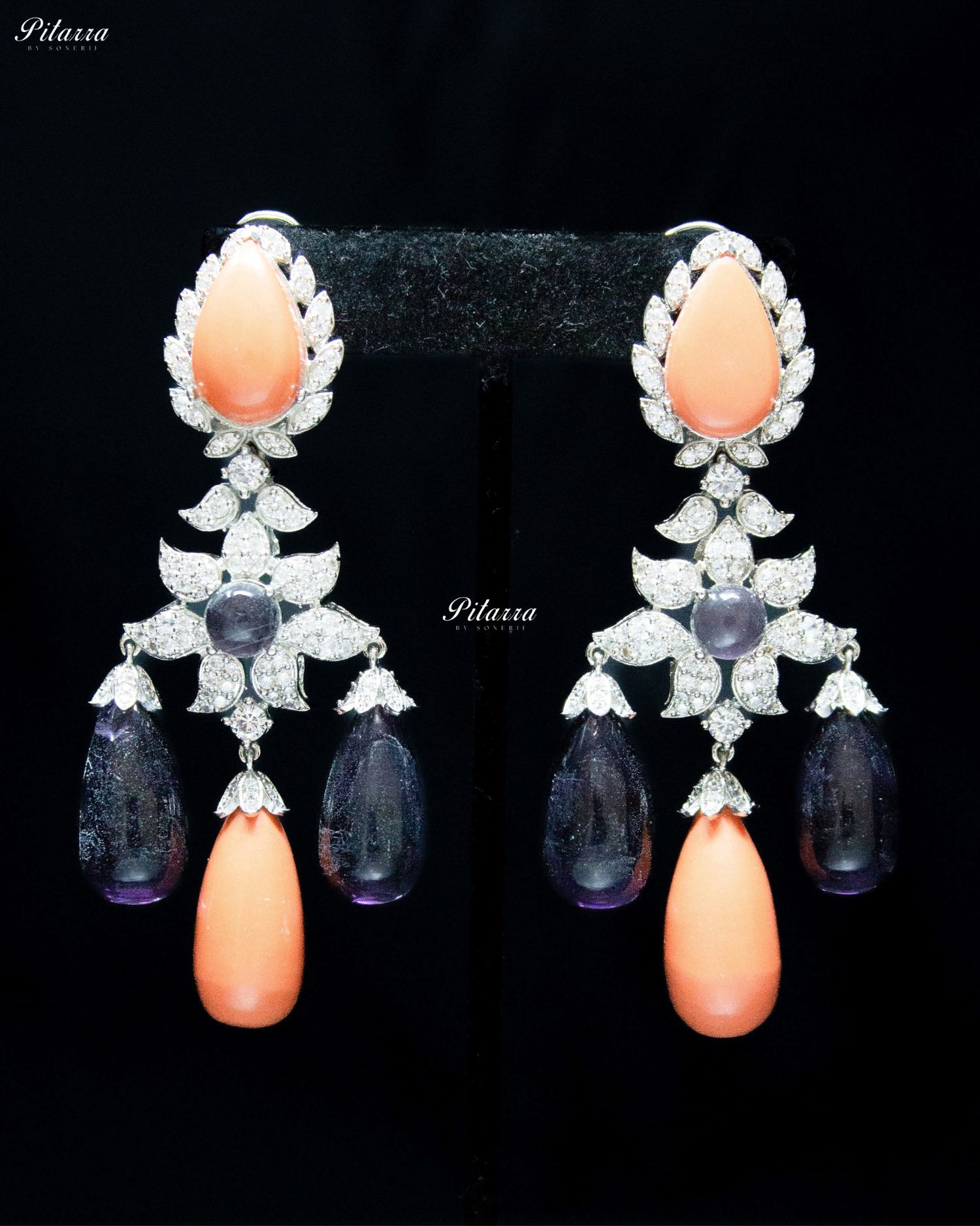 Peach and Amethyst Statement Crystal Dangler Earrings
