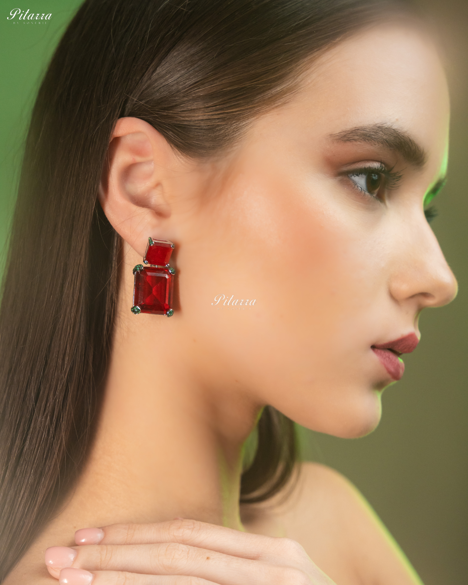 Ruby Red Stone Square 92.5 Silver Stud Earrings
