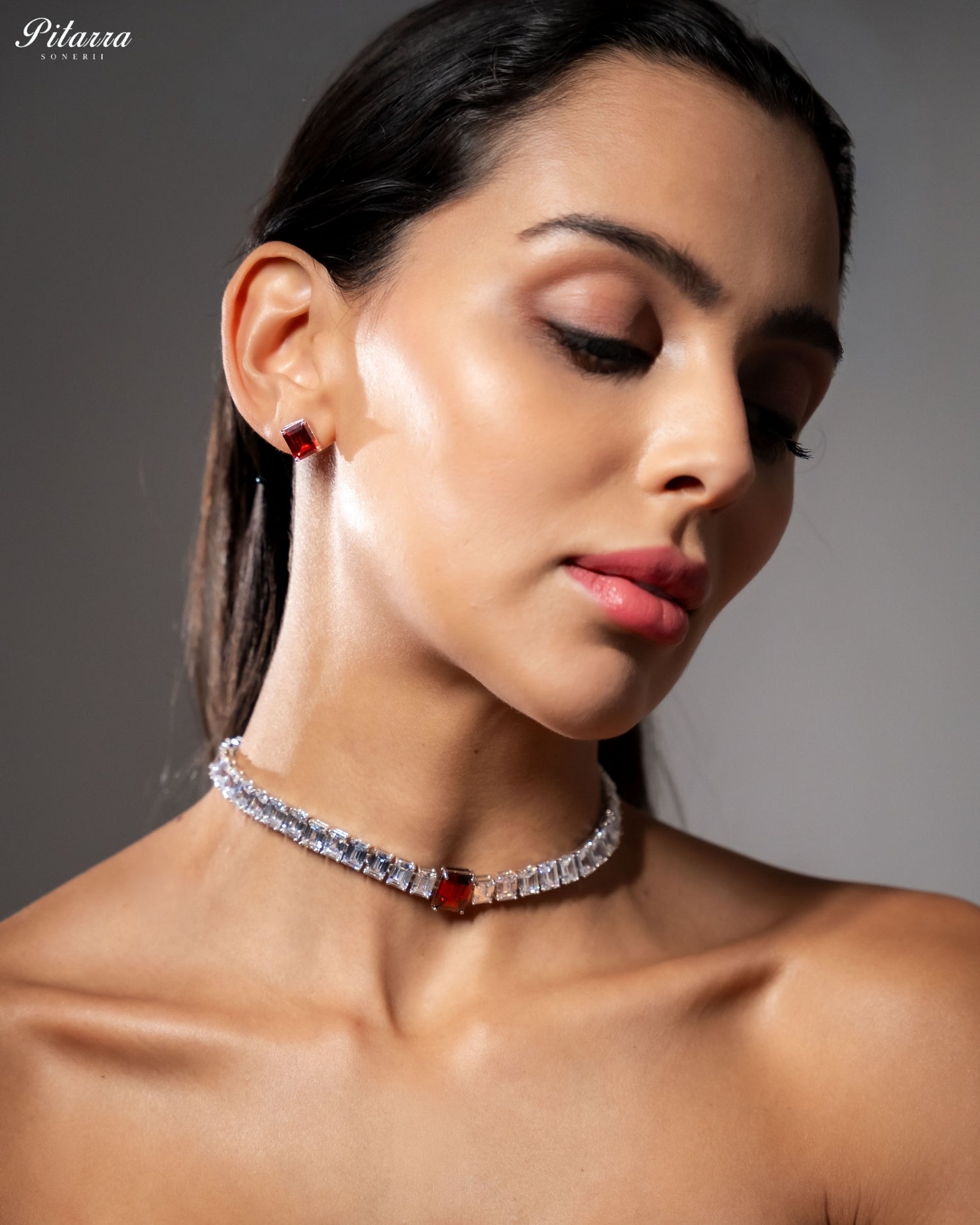 Red Diamond Baguette Cut Tennis Choker Necklace Set