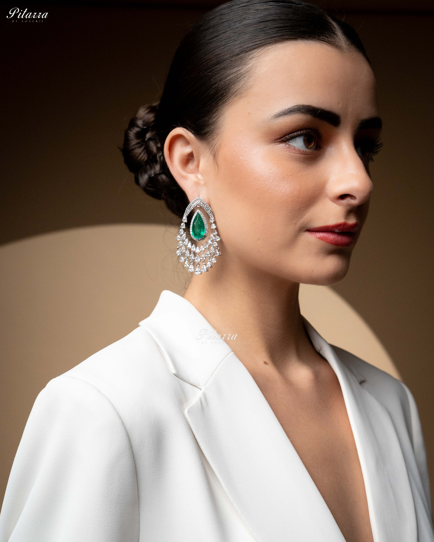 Emerald Stone Silver CZ Dangle Earrings