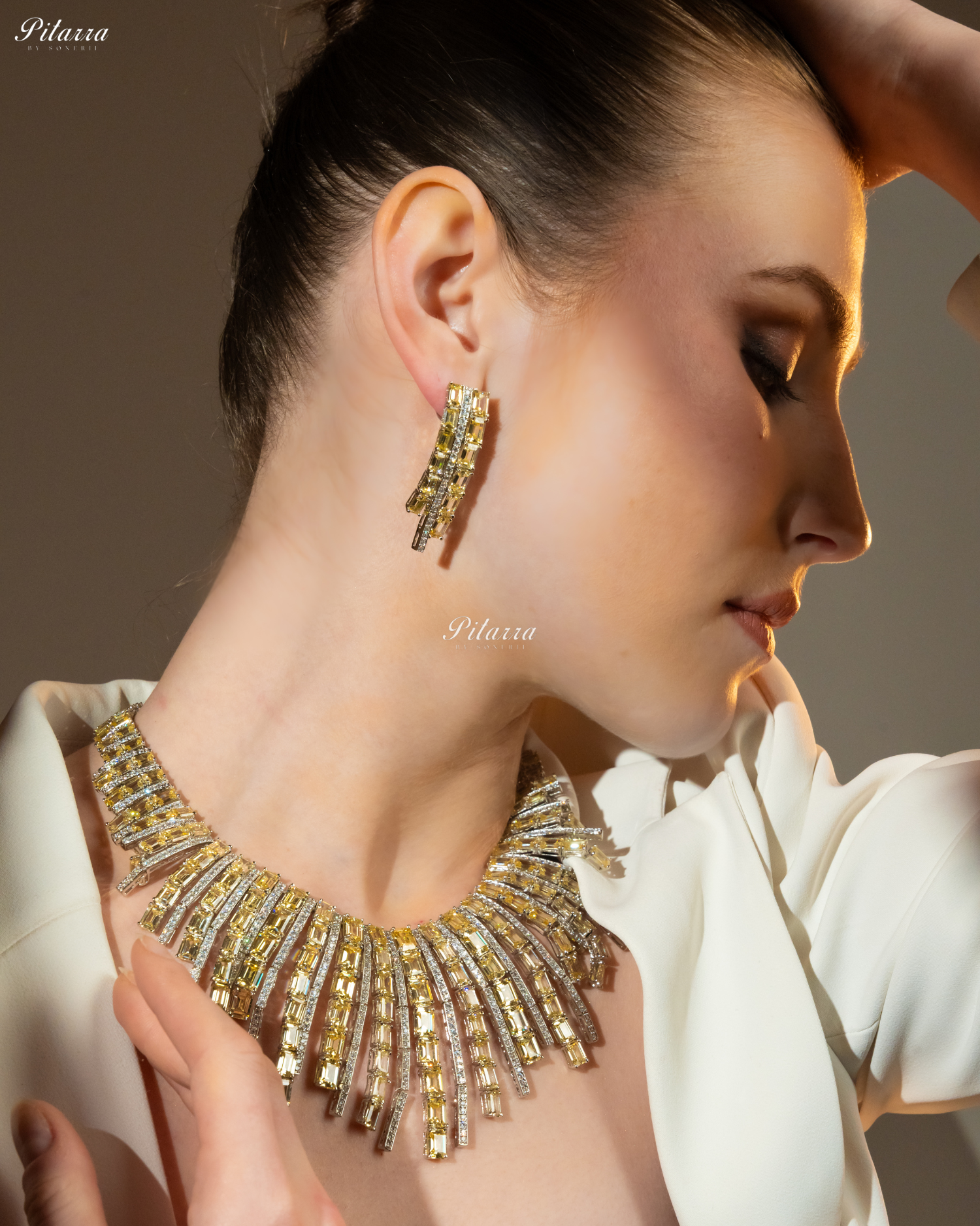 Silver Yellow Line Design Victorian Necklace Set