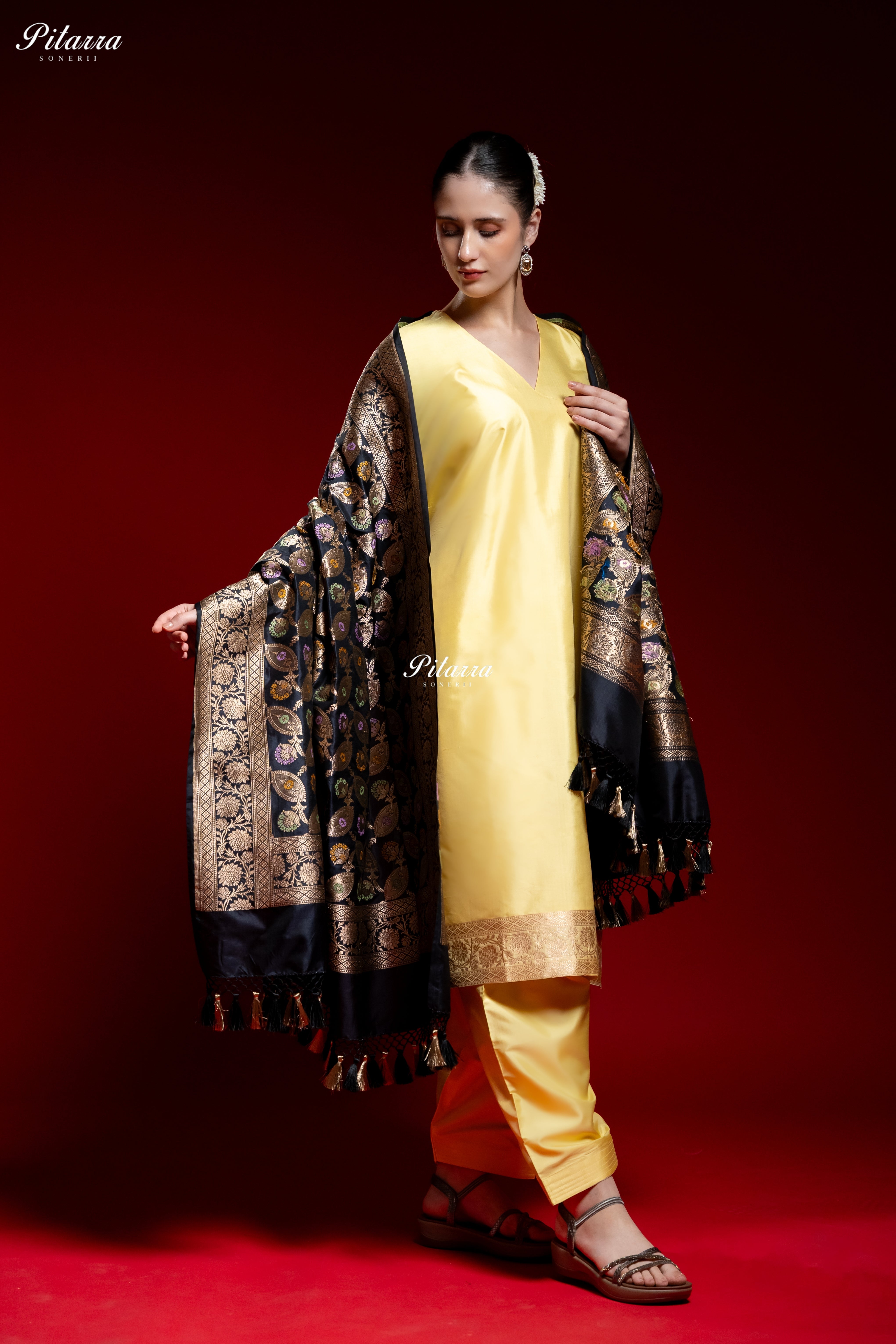 Golden Yellow Silk Kurta Set with Black Banarasi Dupatta