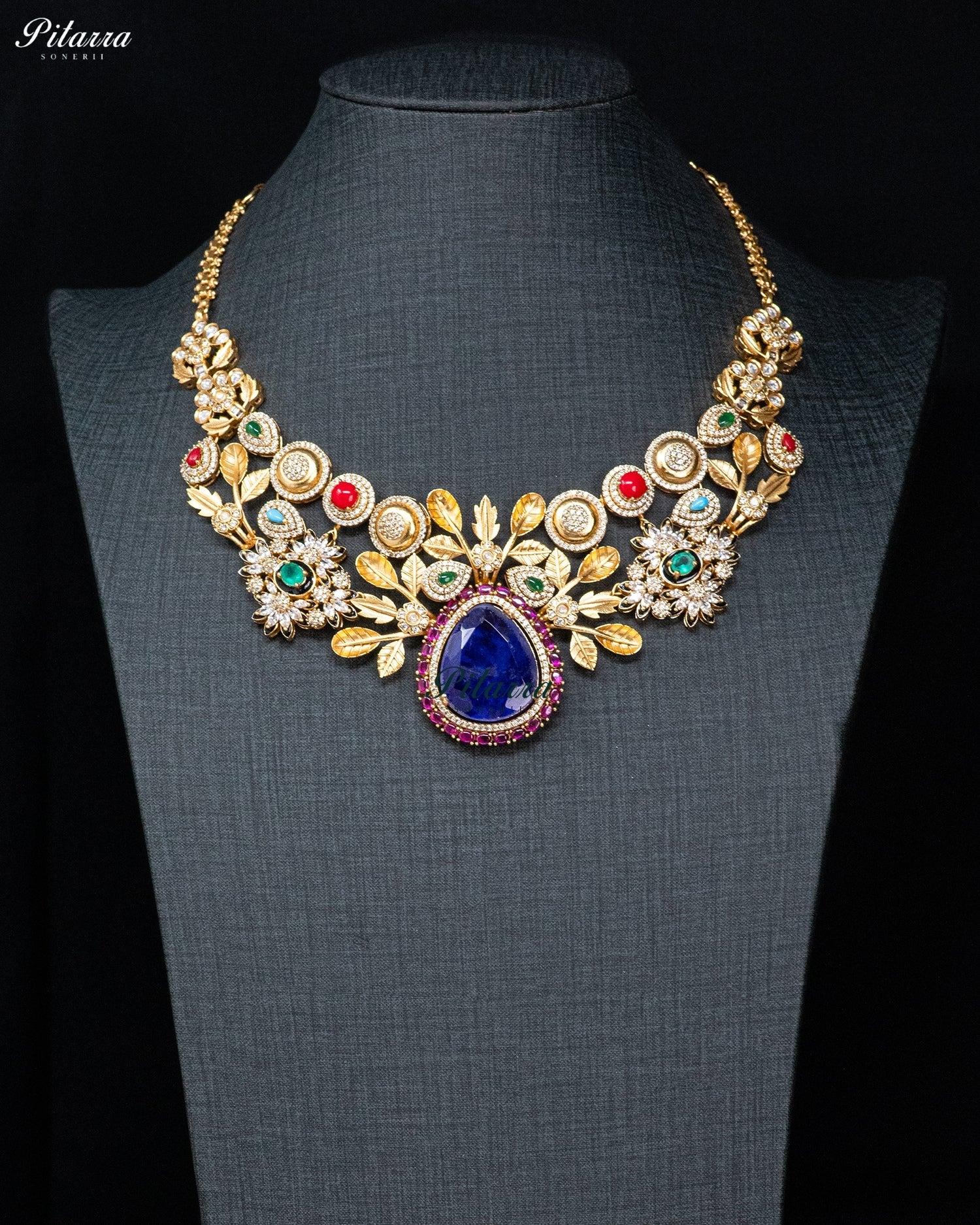Blue Teardrop Kundan Floral Necklace Set