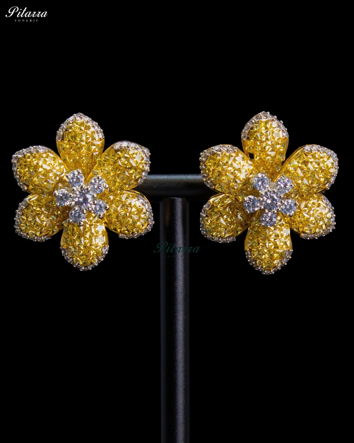 Golden Yellow Crystal Flower Stud Earrings
