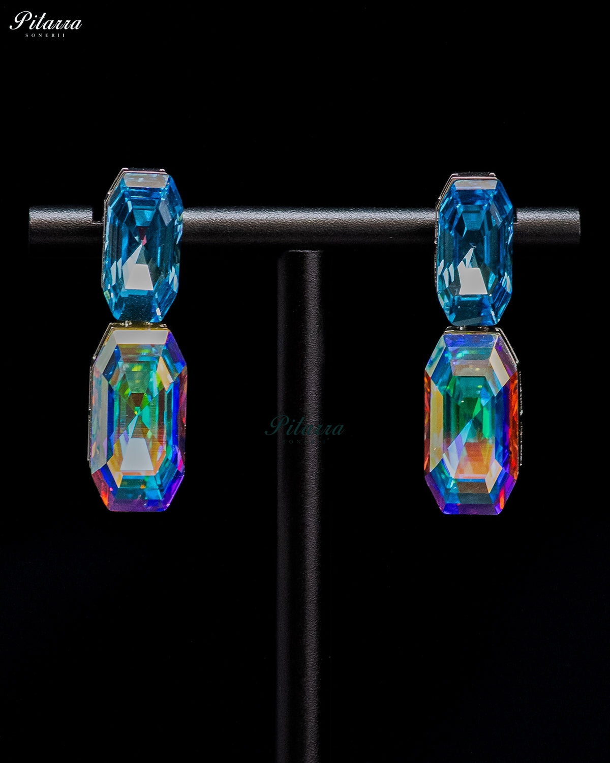 Blue and Multicolor Emerald-Cut Crystal Drop Earrings