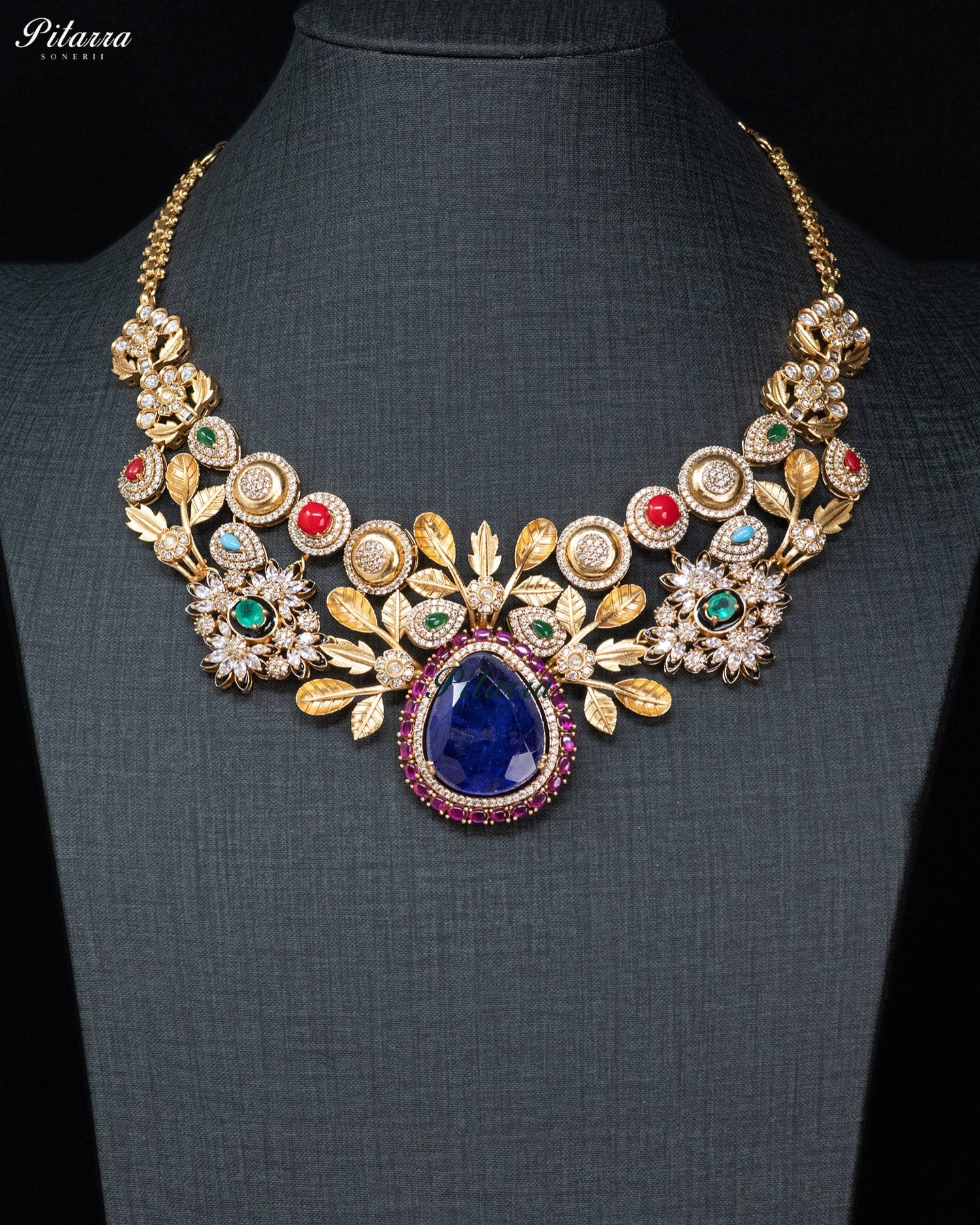 Blue Teardrop Kundan Floral Necklace Set