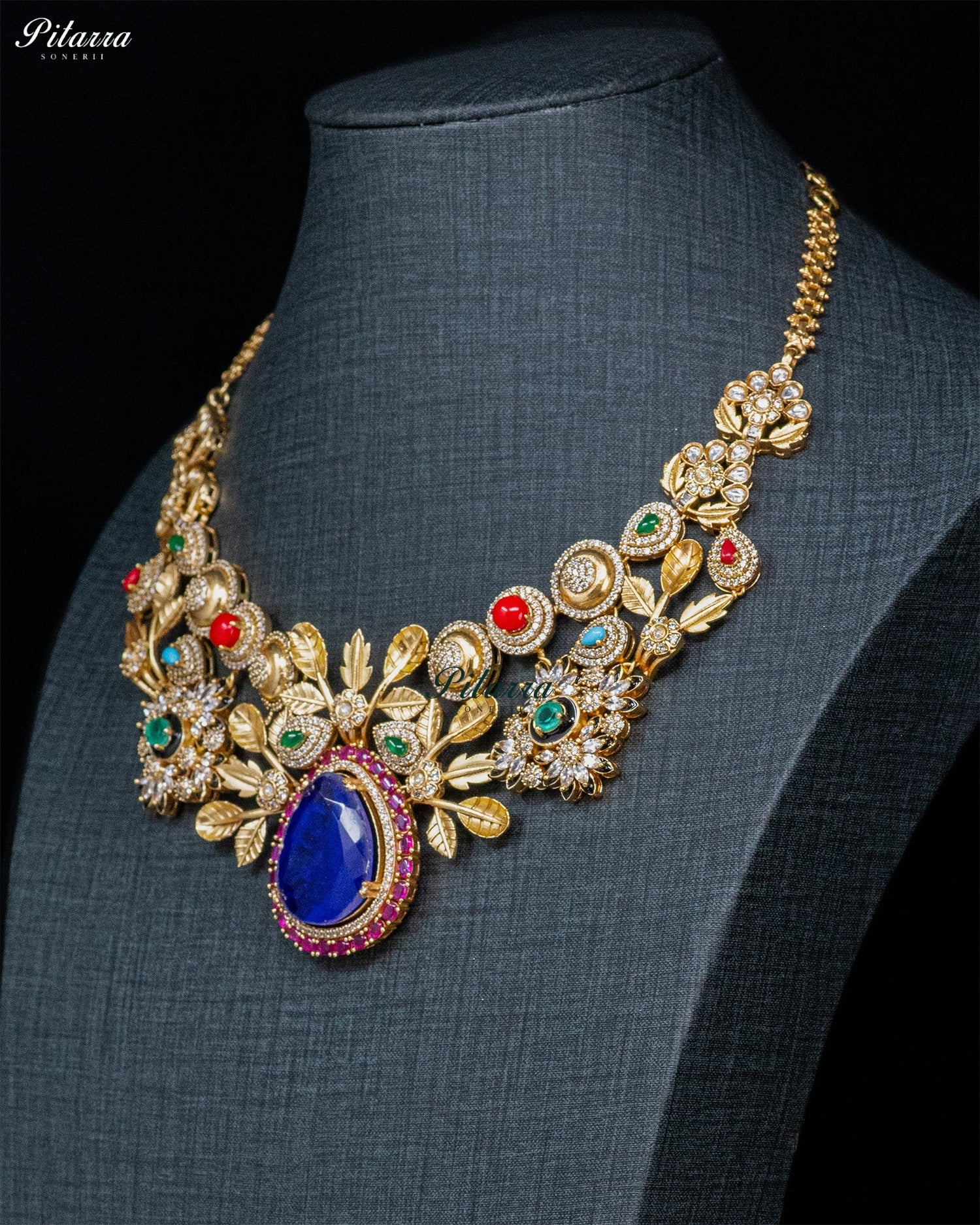 Blue Teardrop Kundan Floral Necklace Set