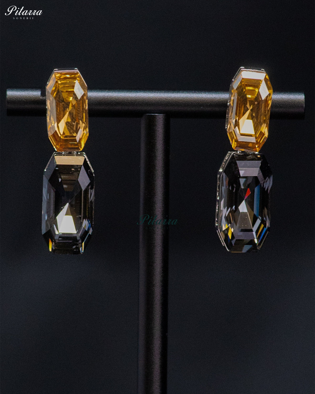 Golden Yellow and Smoky Grey Emerald-Cut Crystal Drop Earrings