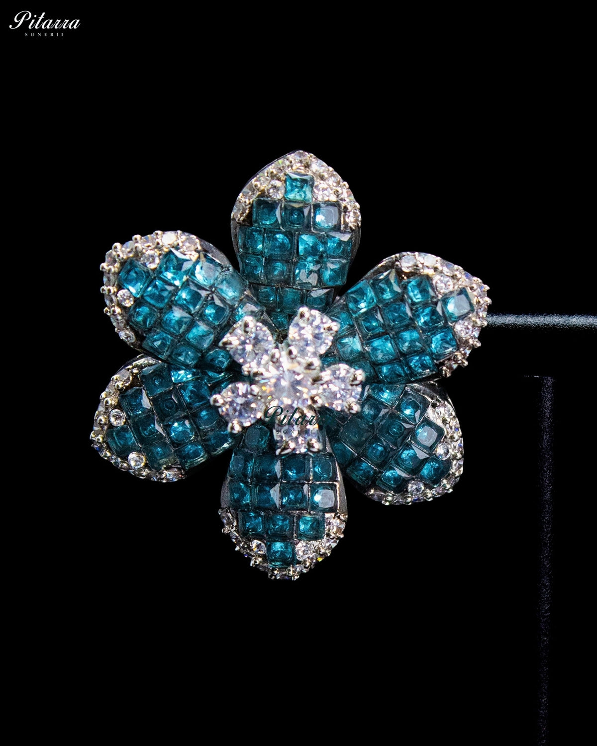 Blue Crystal Flower Stud Earrings
