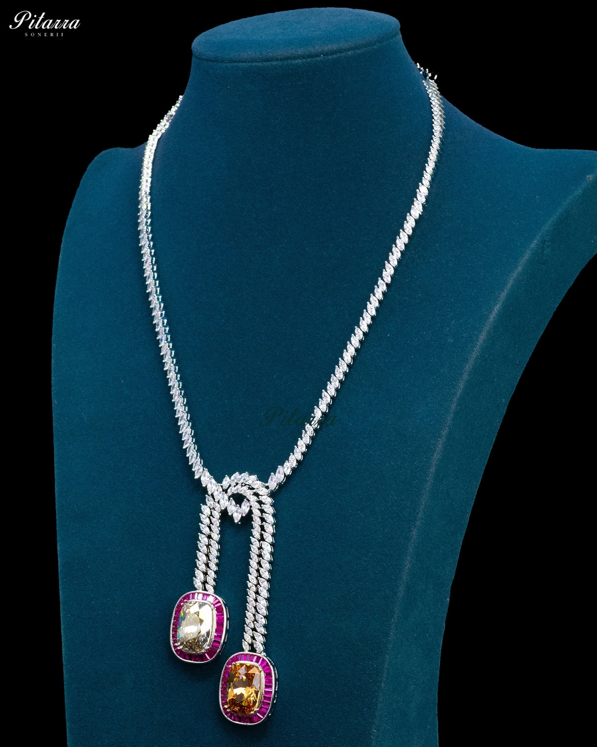 Champagne Stone Pink Baguette Zircon Silver Crystal Lariat Necklace Set