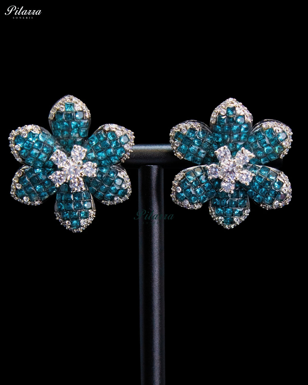 Blue Crystal Flower Stud Earrings