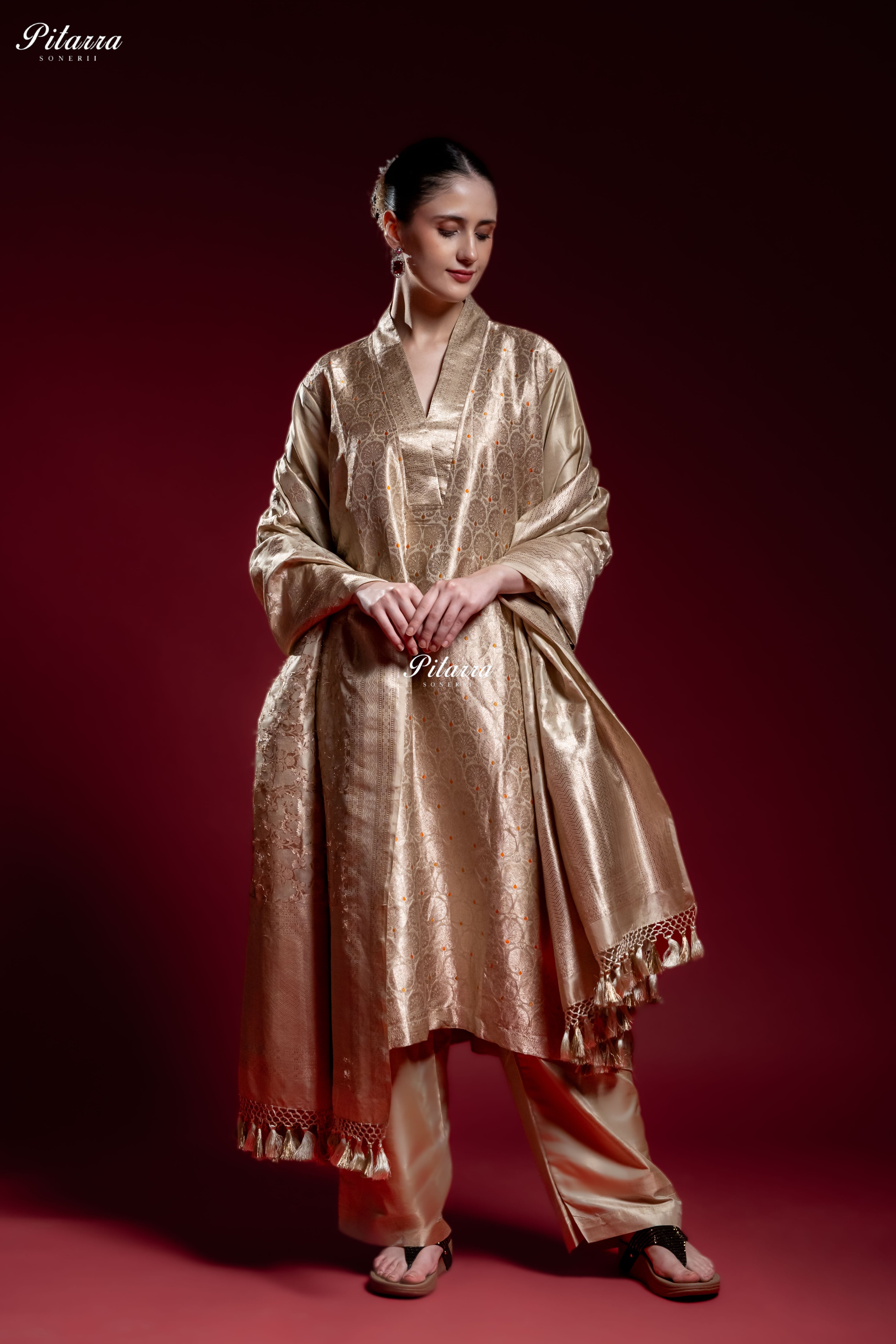 Ivory Gold Banarasi Jacquard Silk Kurta Set with Matching Dupatta