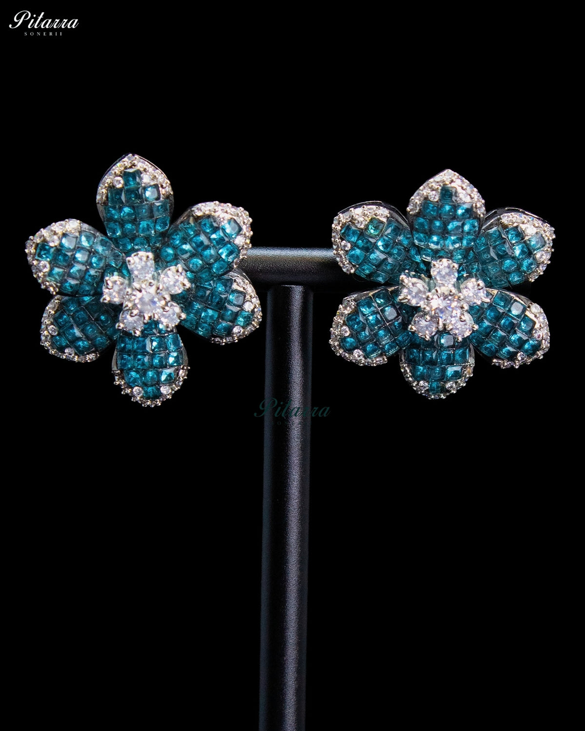 Teal Blue Crystal Flower Stud Earrings