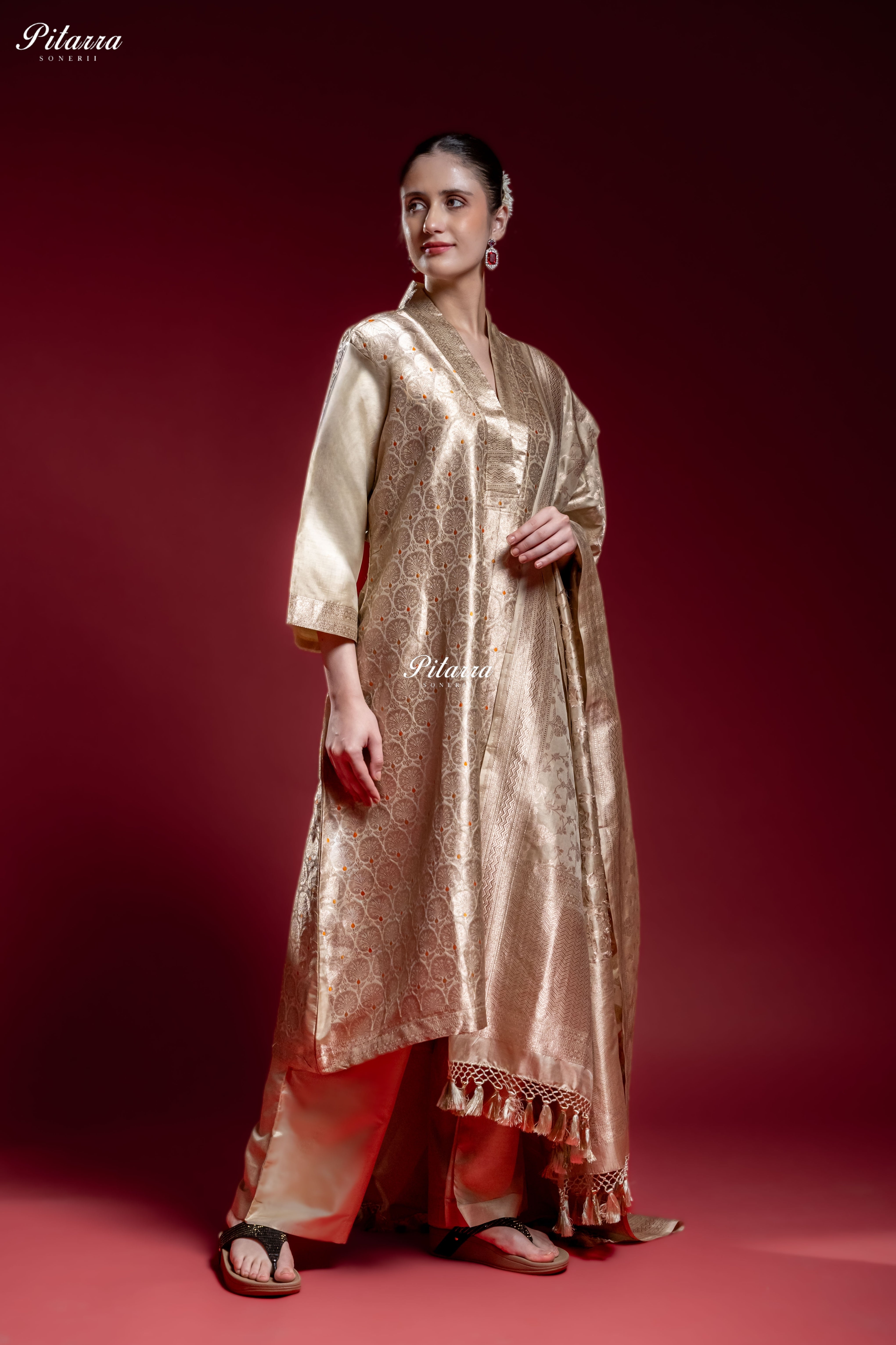 Ivory Gold Banarasi Jacquard Silk Kurta Set with Matching Dupatta