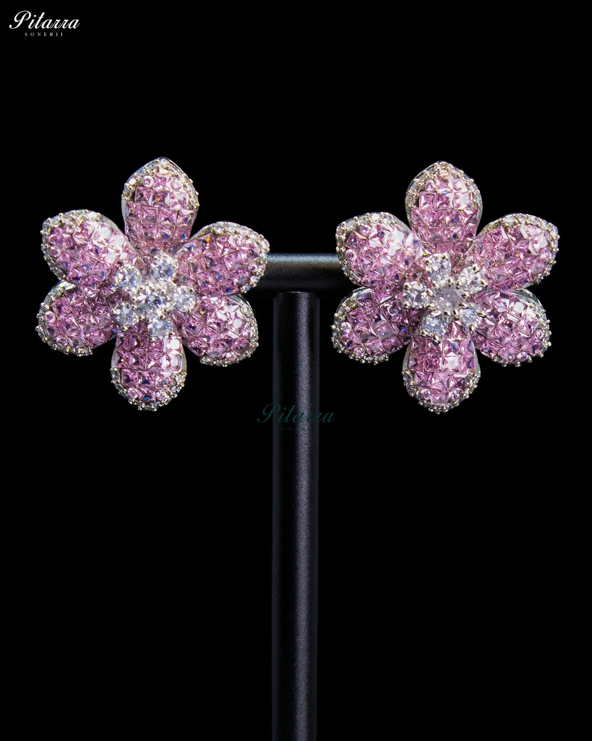 Pink Crystal Flower Stud Earrings