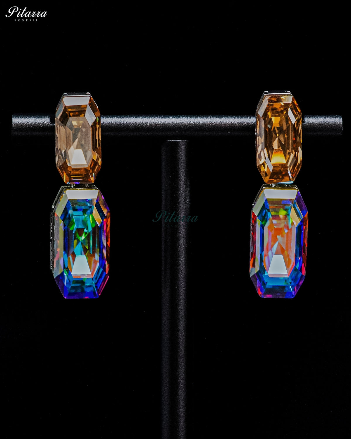 Amber and Multicolor Emerald Cut Crystal Drop Earrings