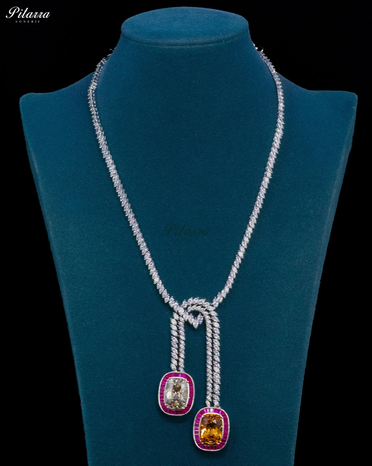 Champagne Stone Pink Baguette Zircon Silver Crystal Lariat Necklace Set