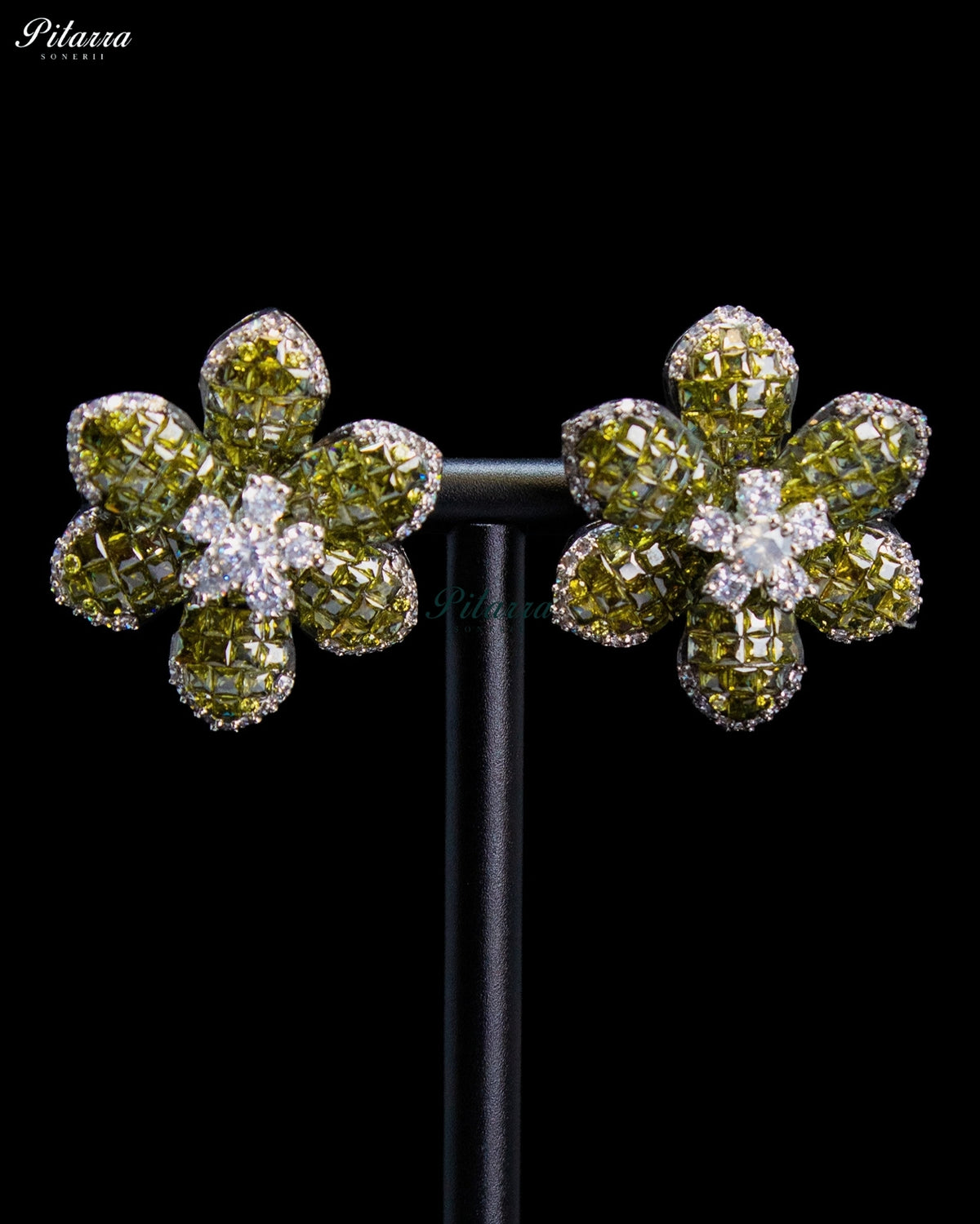 Olive Green Crystal Flower Stud Earrings