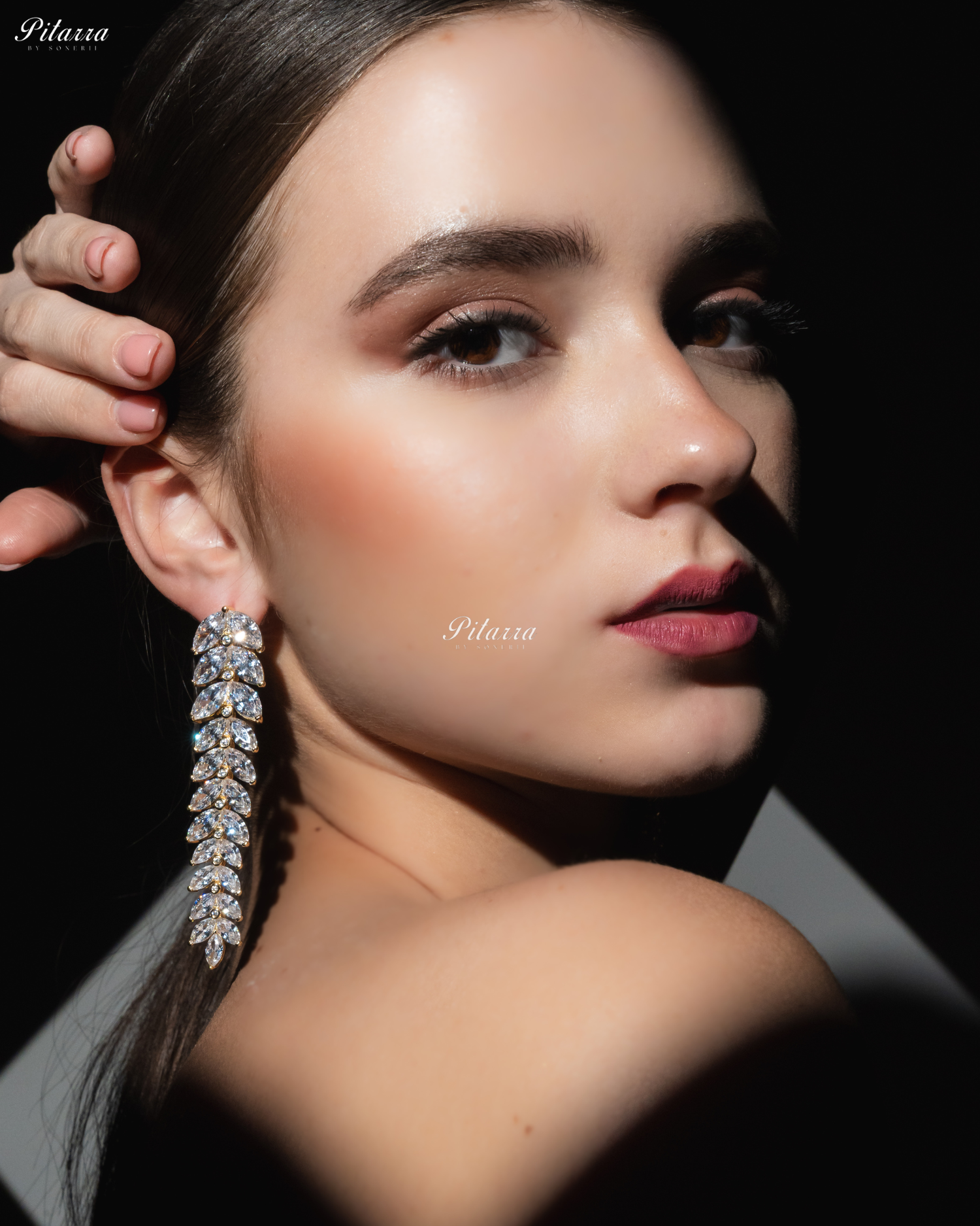 White Crystal Leaf Pattern Golden 92.5 Silver Drop Earrings