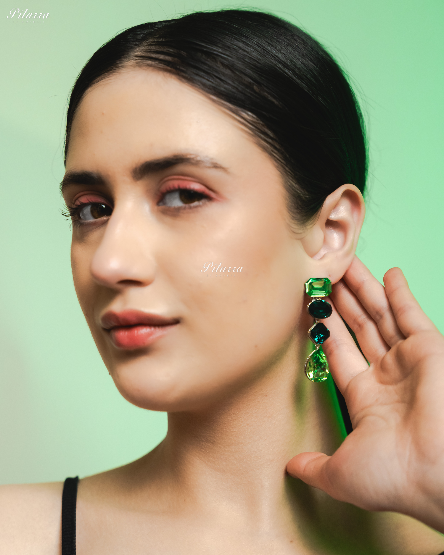 Green Emerald Stone Studded Geometric Crystal Drop Earrings