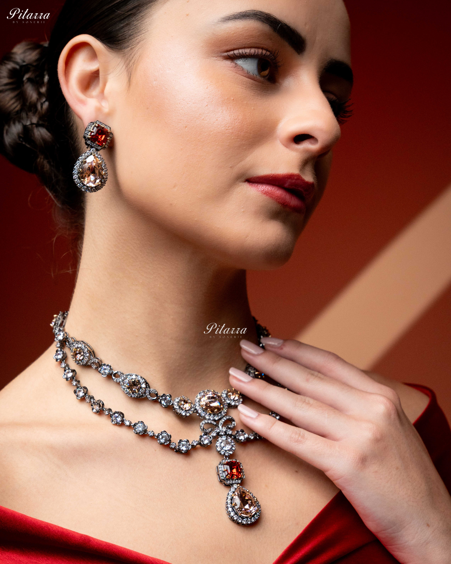 Multicolor Two Layer Silver CZ Victorian black polish Necklace Set