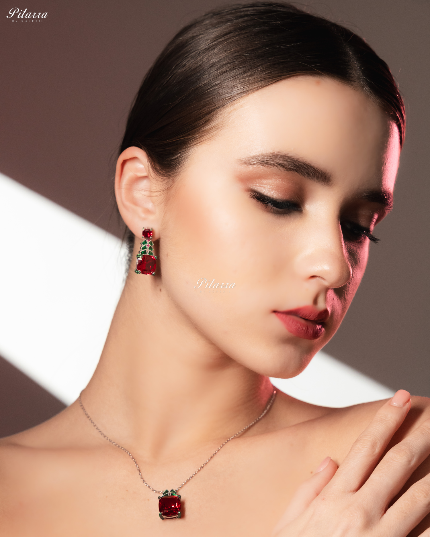 Ruby Red 92.5 Silver Plated Chain Pendent Necklace Set
