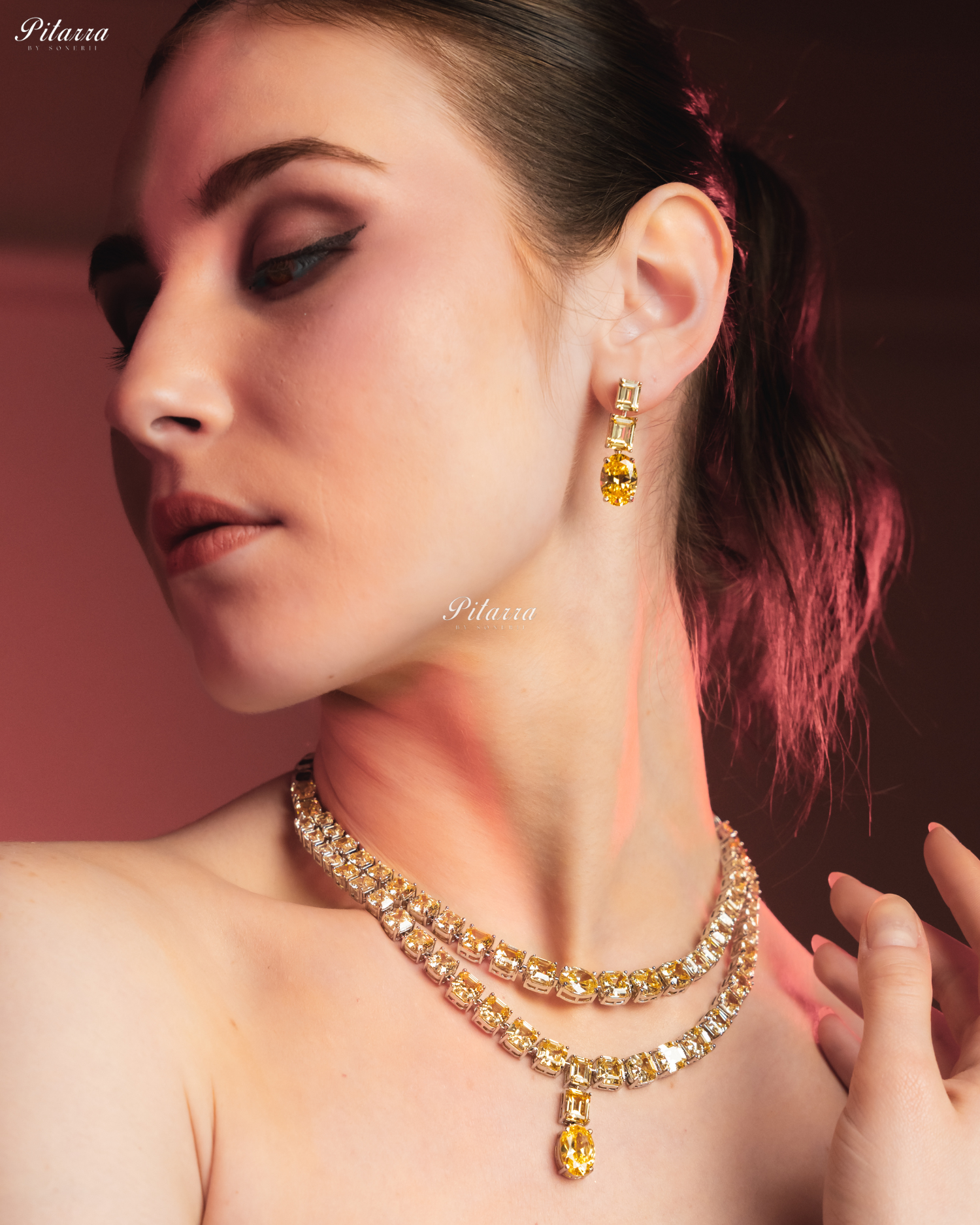 Yellow Two Layer Square Drop Statement Necklace Set