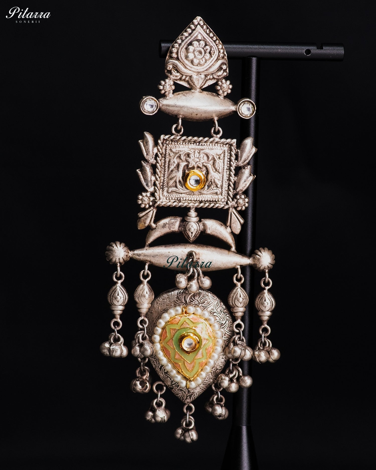 Multicolor Silver Look-Alike Heritage Statement Earrings