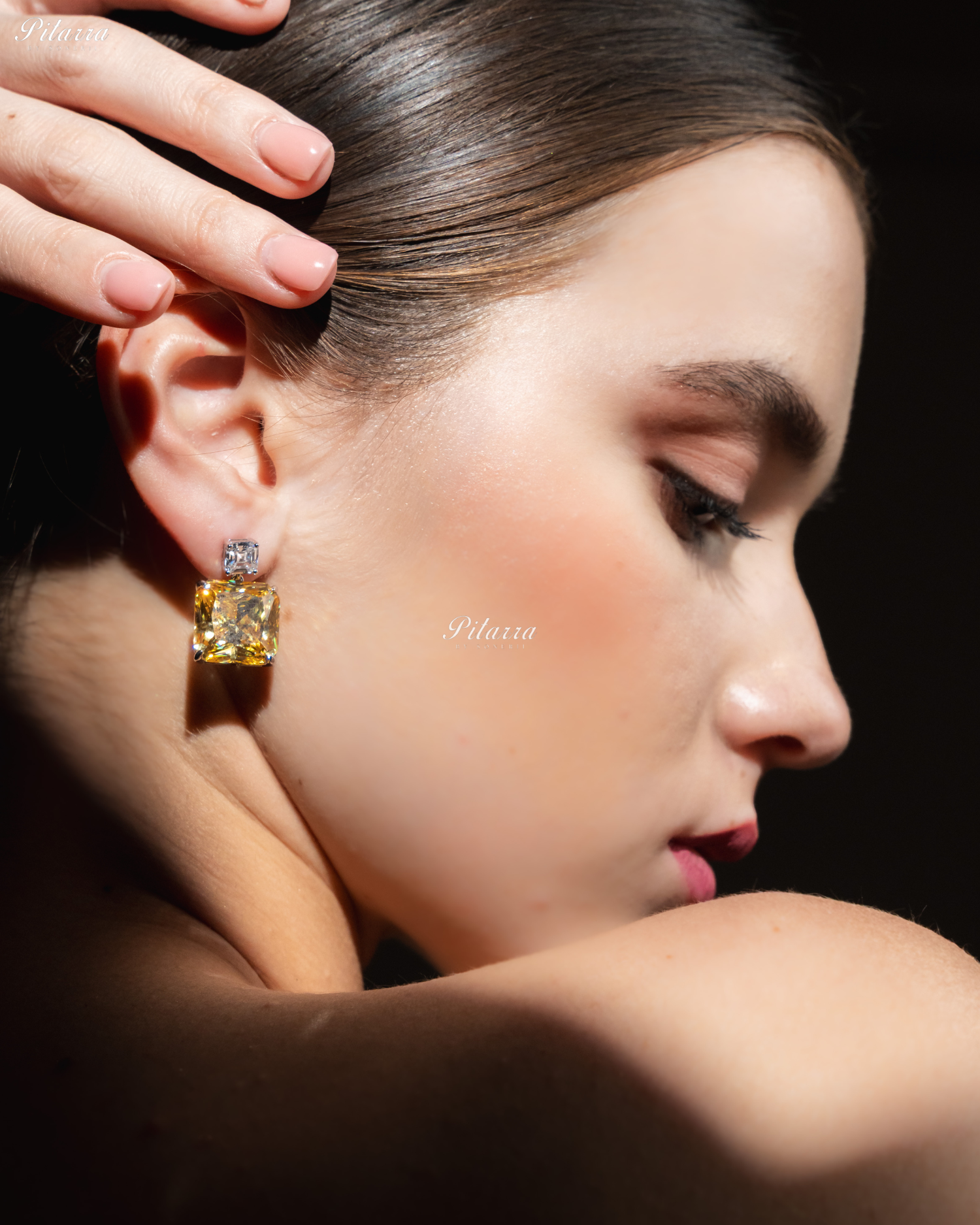 Yellow Studded Square Cubic Zirconia 92.5 Silver Studs Earrings
