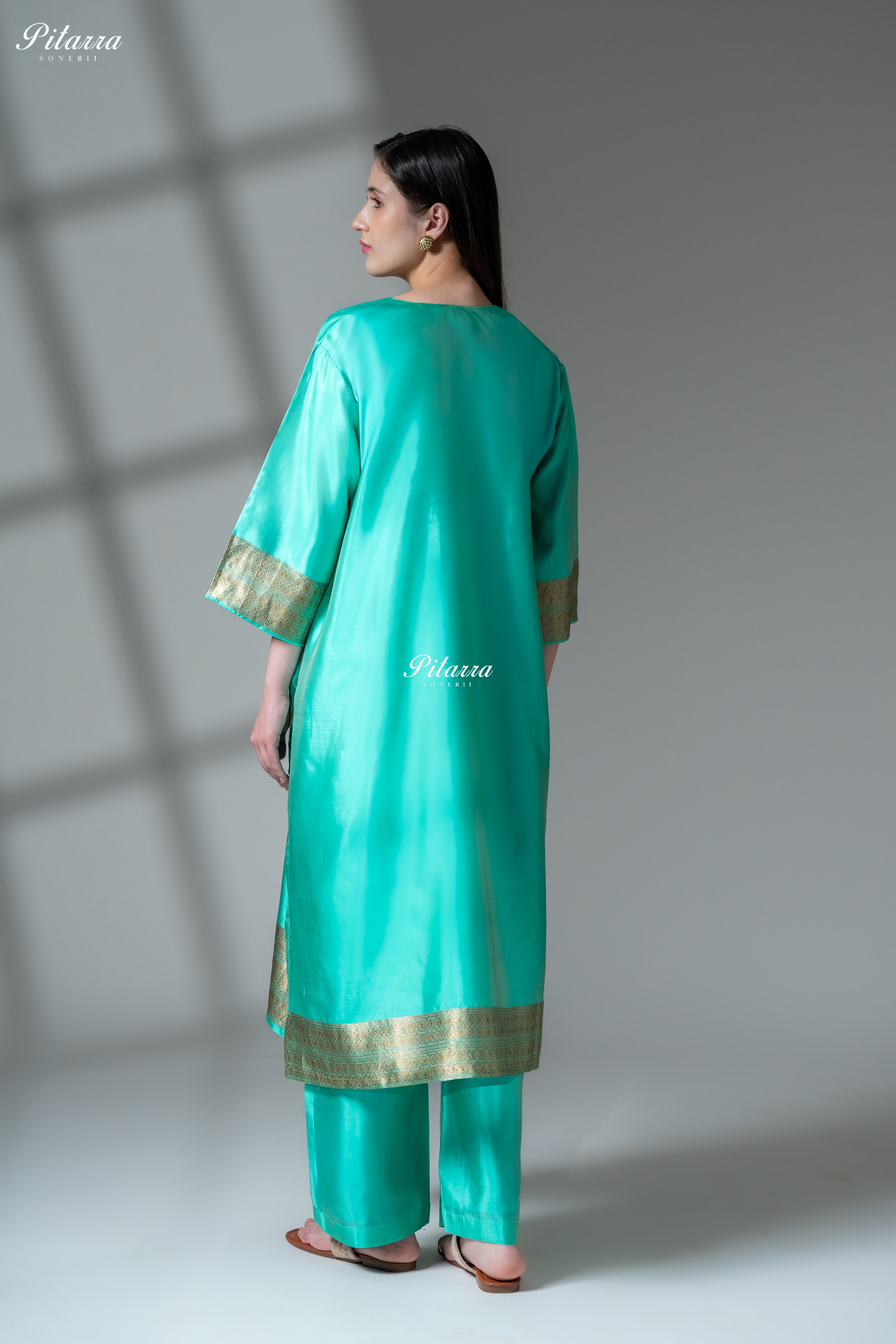 Turquoise Blue Gold Zari Embroidered Kurta Palazzo Set