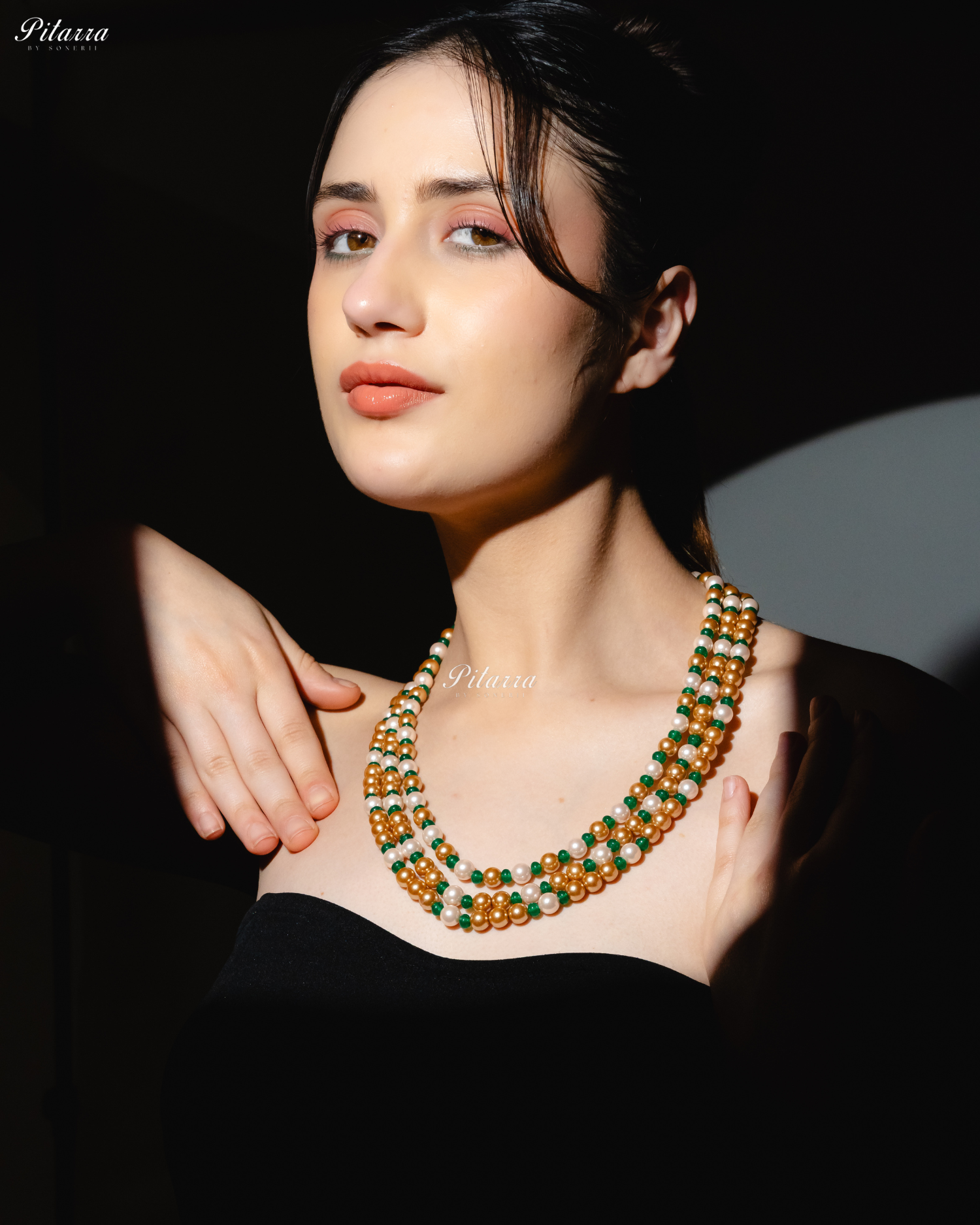 Three Layer Multi Color Pearl Studed Necklace