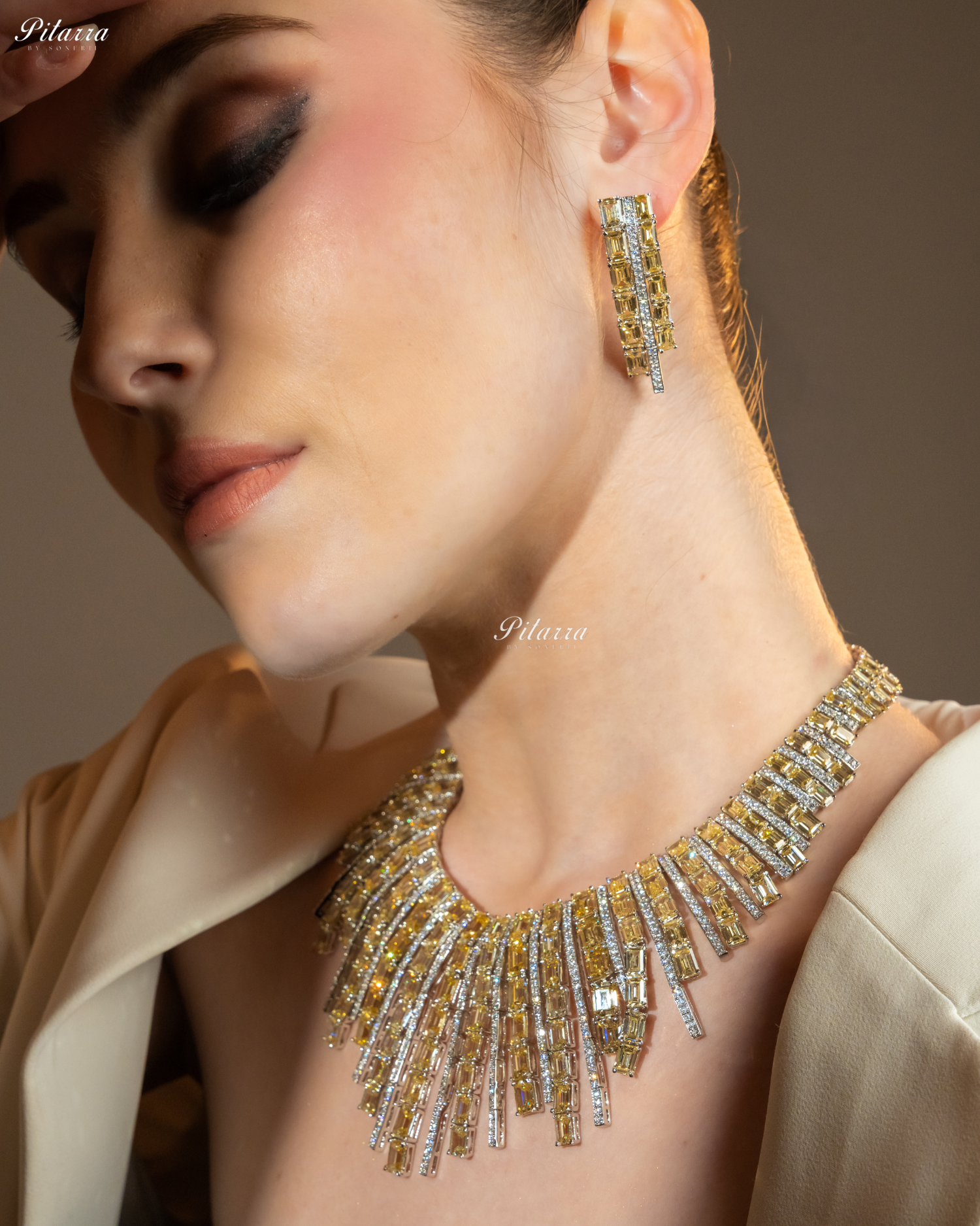 Silver Yellow Line Design Victorian Necklace Set