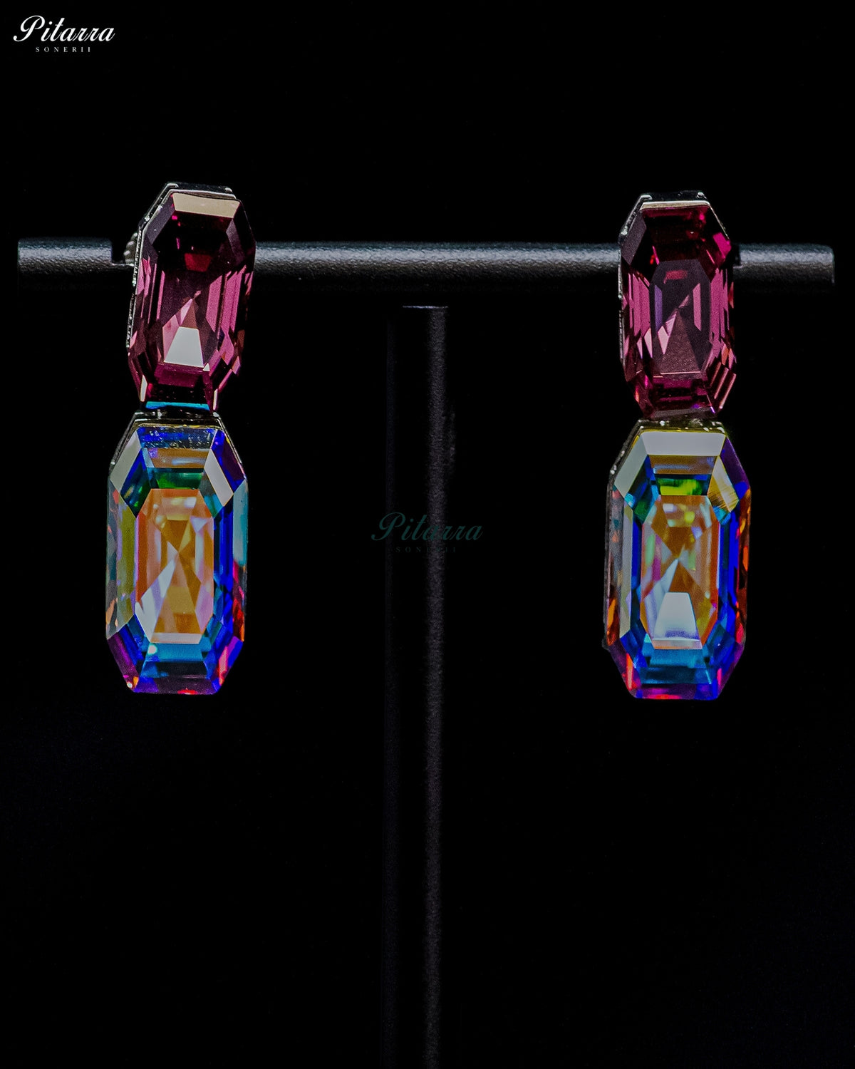 Burgundy and Multicolor Emerald Cut Crystal Drop Earrings