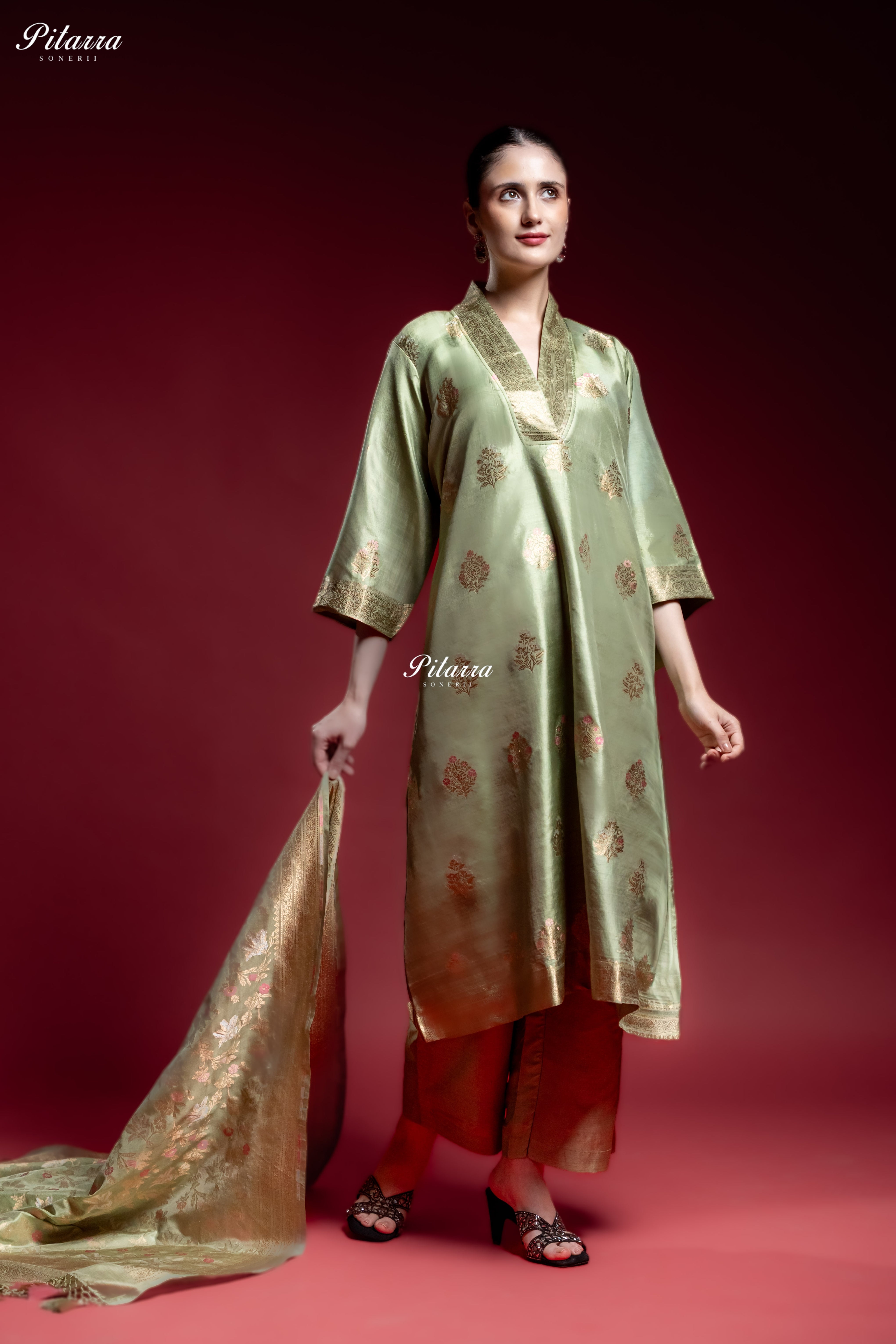 Sage Green Banarasi Silk Kurta Set with Matching Dupatta