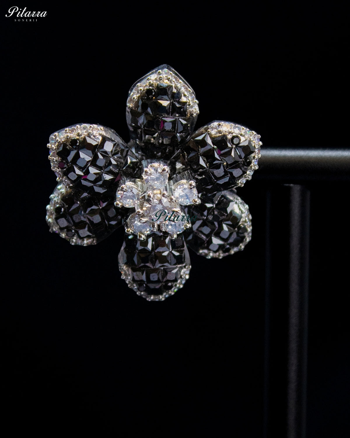 Black Crystal Flower Stud Earrings