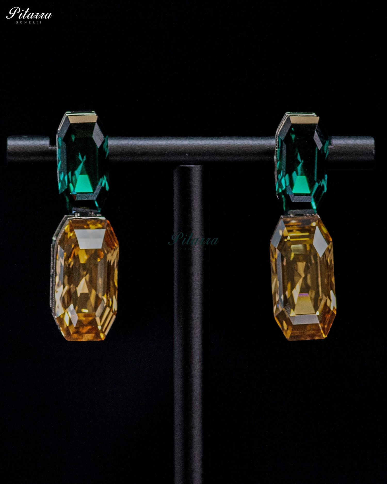 Emerald Green and Golden Amber Emerald Cut Crystal Drop Earrings