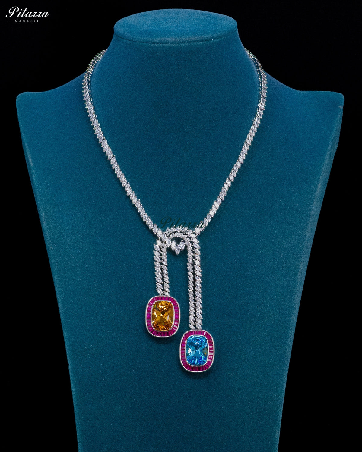 Aqua Blue And Champagne Stone Pink Baguette Zircon Silver Crystal Lariat Necklace Set