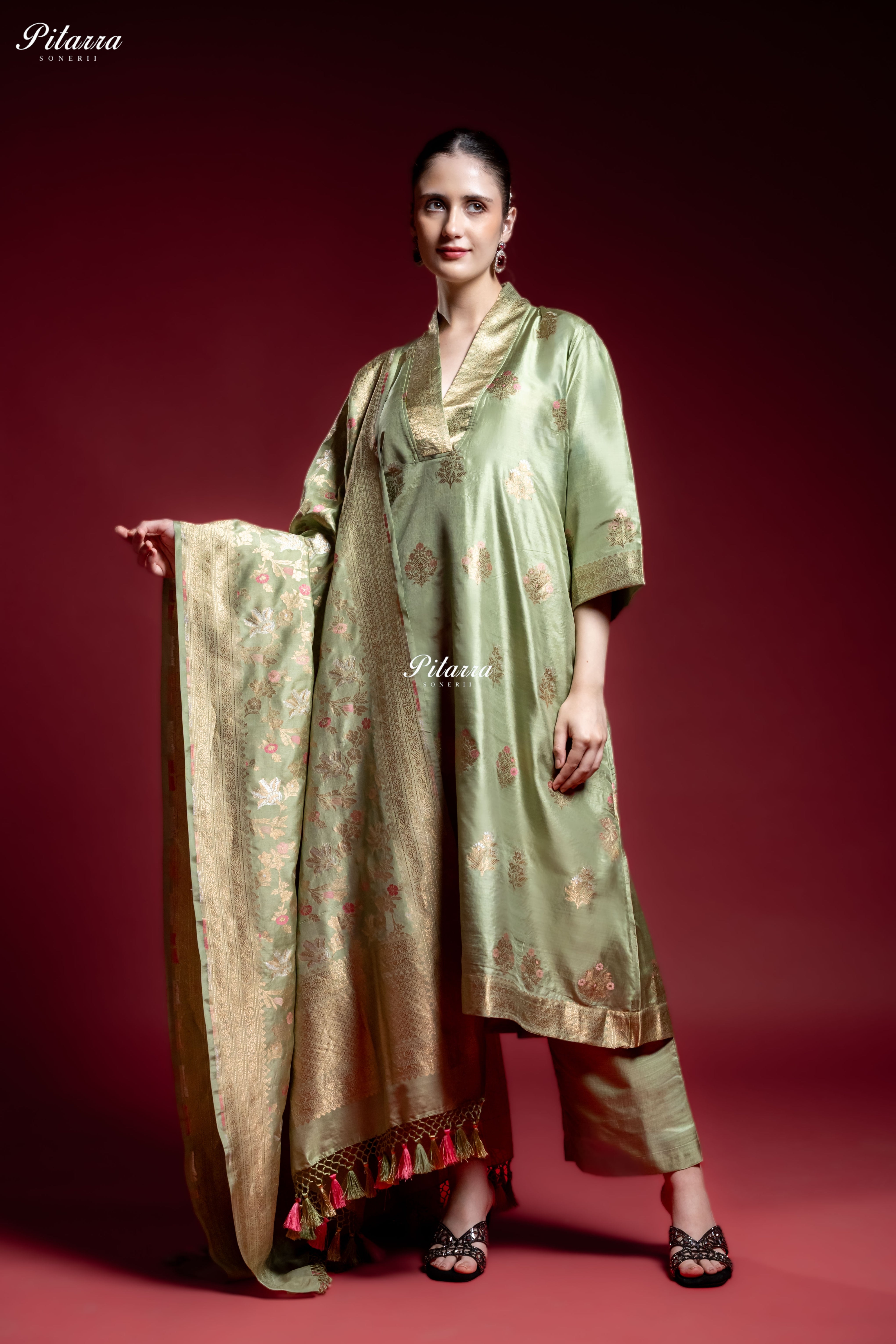 Sage Green Banarasi Silk Kurta Set with Matching Dupatta
