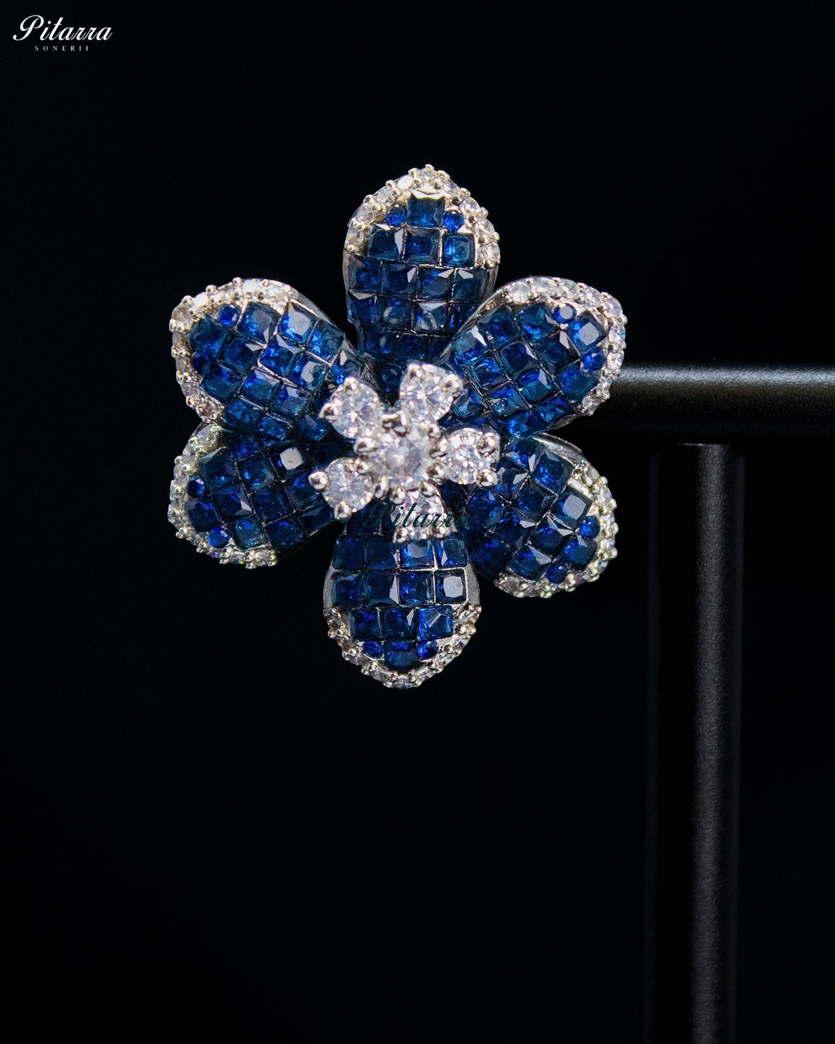 Royal Blue Crystal Flower Stud Earrings