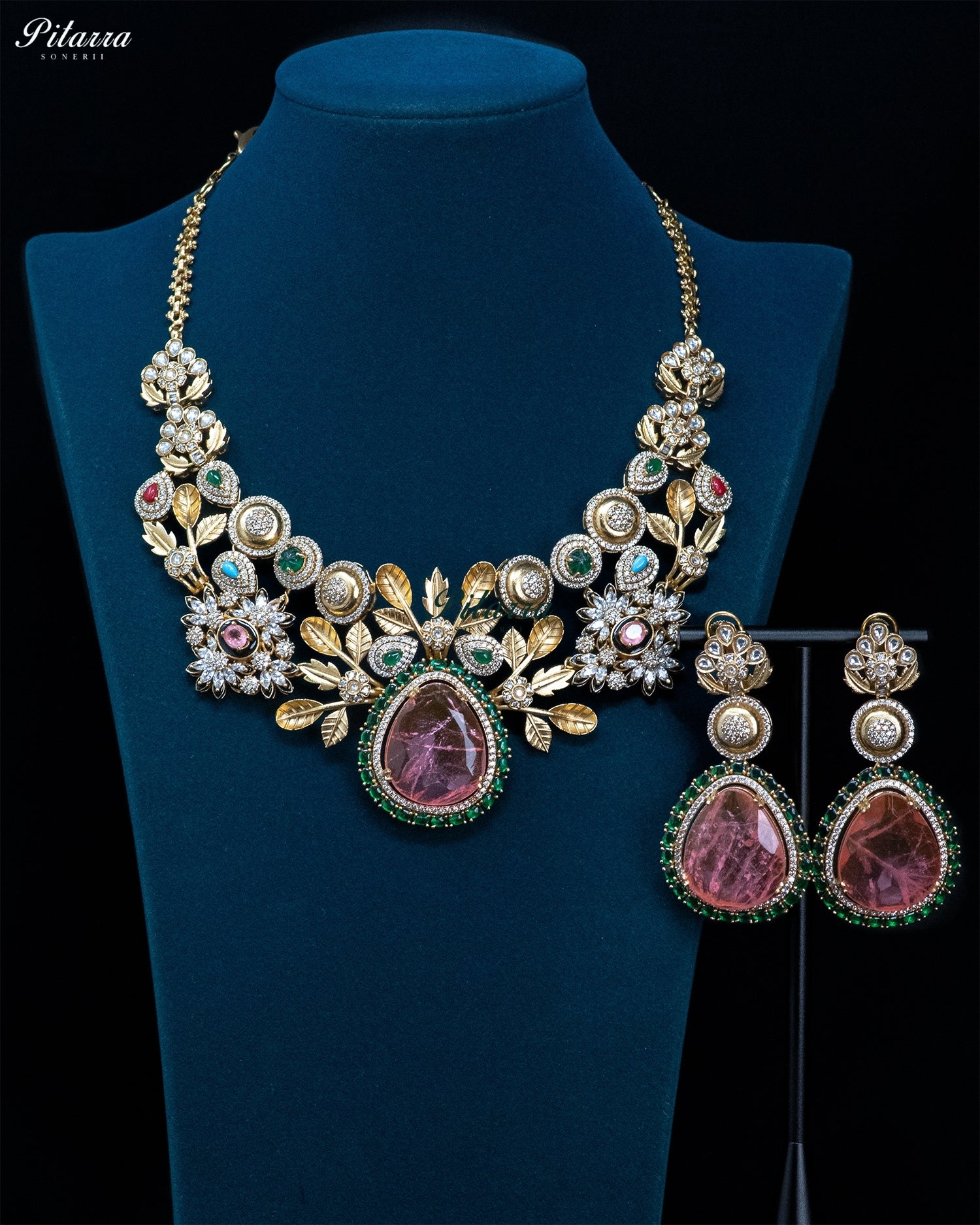 Pink Teardrop Floral Kundan Necklace Set