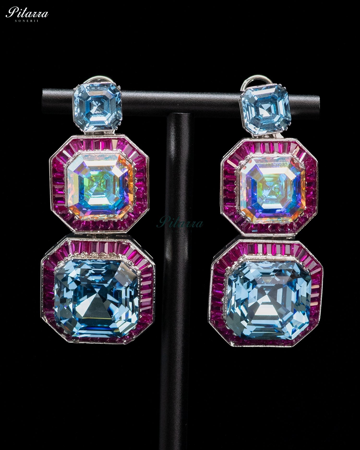 Blue and Pink Crystal Geometric Statement Earrings